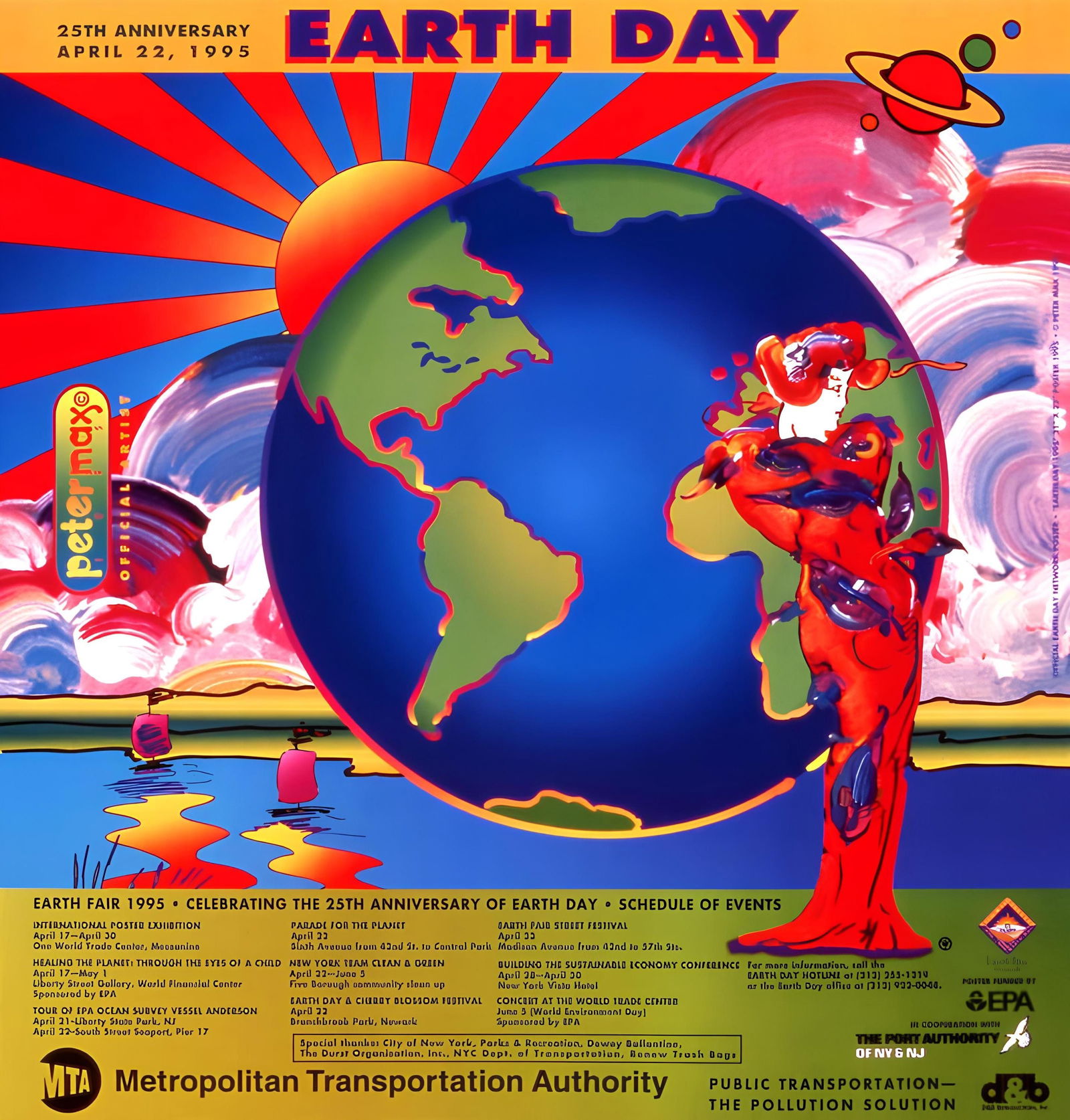 Peter Max, Earth Day, 1995, Hand Signed, Official Edition Offset Lithograph: Offset lithograph in colors on gloss archival paper. Paper size: 22 x 20.875 inches. Inscription: Hand signed by Peter Max in ink and unnumbered, as issued. Condition: Excellent. Notes: Published and
