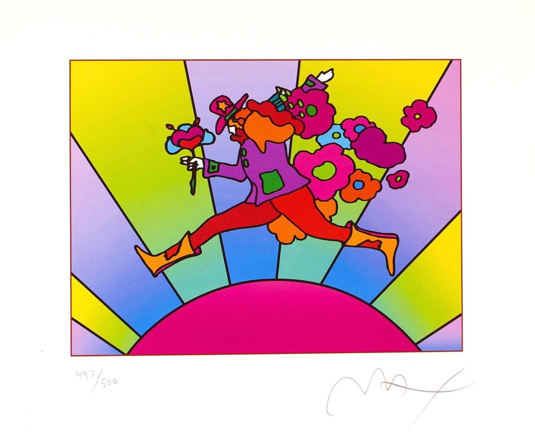 Peter Max, Flower Jumper over Sunrise, Version II, Hand Signed, Official Limited Edition Lithograph: Lithograph in colors on Lustro Saxony paper. Paper size: 9 x 11 inches. Inscription: Hand signed by Peter Max and numbered, as issued. Condition: Excellent. Notes: Published and printed by Via Max, In