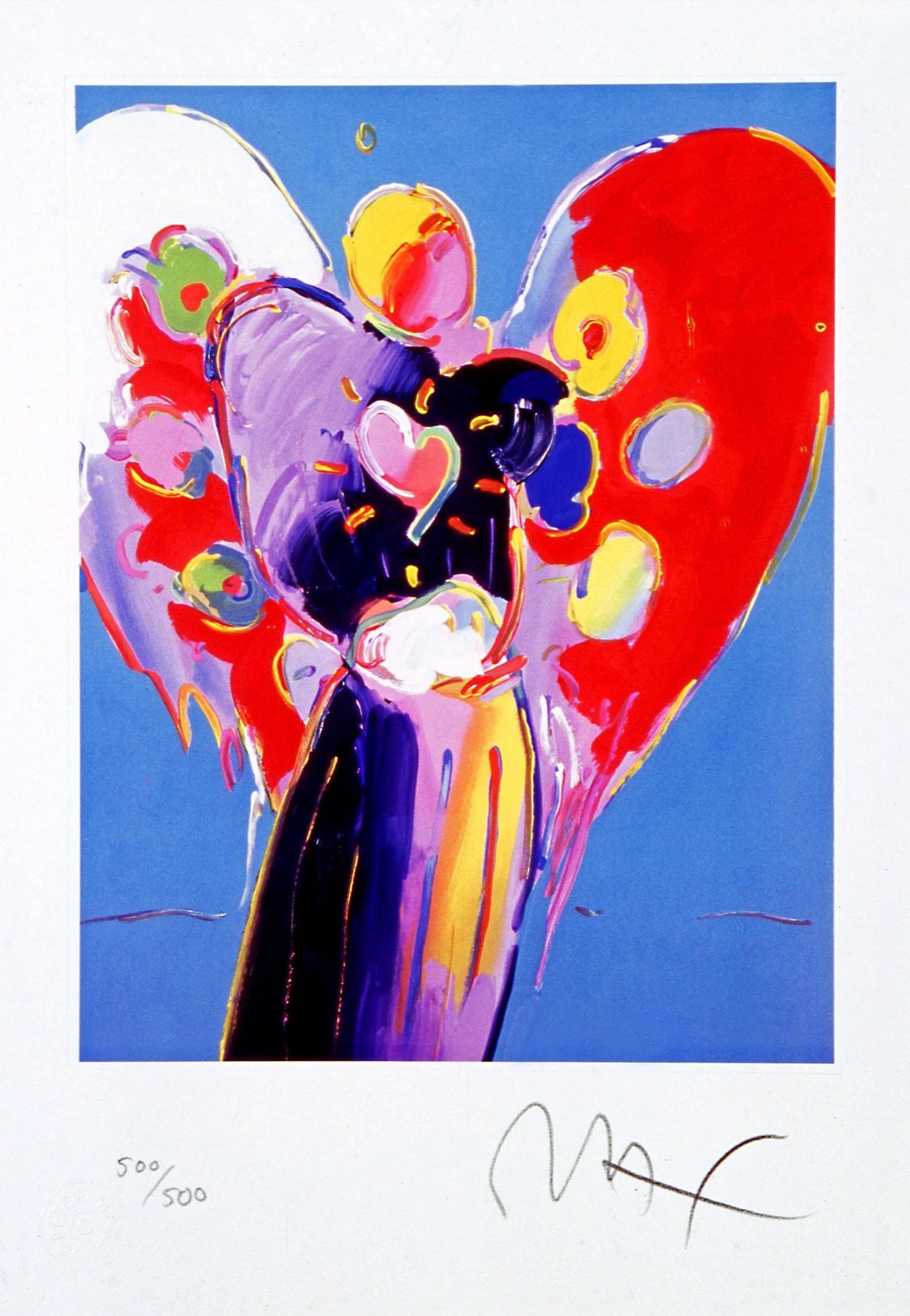 Peter Max, Blue Angel with Heart, Hand Signed, Official Limited Edition Lithograph: Lithograph in colors on Lustro Saxony paper. Paper size: 11.31 x 7.88 inches. Inscription: Hand signed by Peter Max and numbered, as issued. Condition: Excellent. Notes: Published and printed by Via M