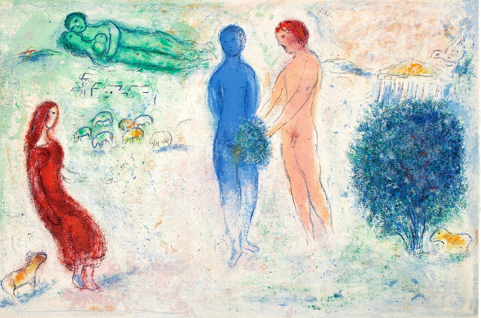 Marc Chagall, Le jugement de Chloe, Daphnis et Chloe, Limited Edition Heliogravure: Heliogravure on velin paper. Paper size: 12.5 x 19 inches. Excellent condition, with centerfold, as issued. Inscription: Unsigned and unnumbered, as issued. Notes: From the album, Daphnis and Chloe. P