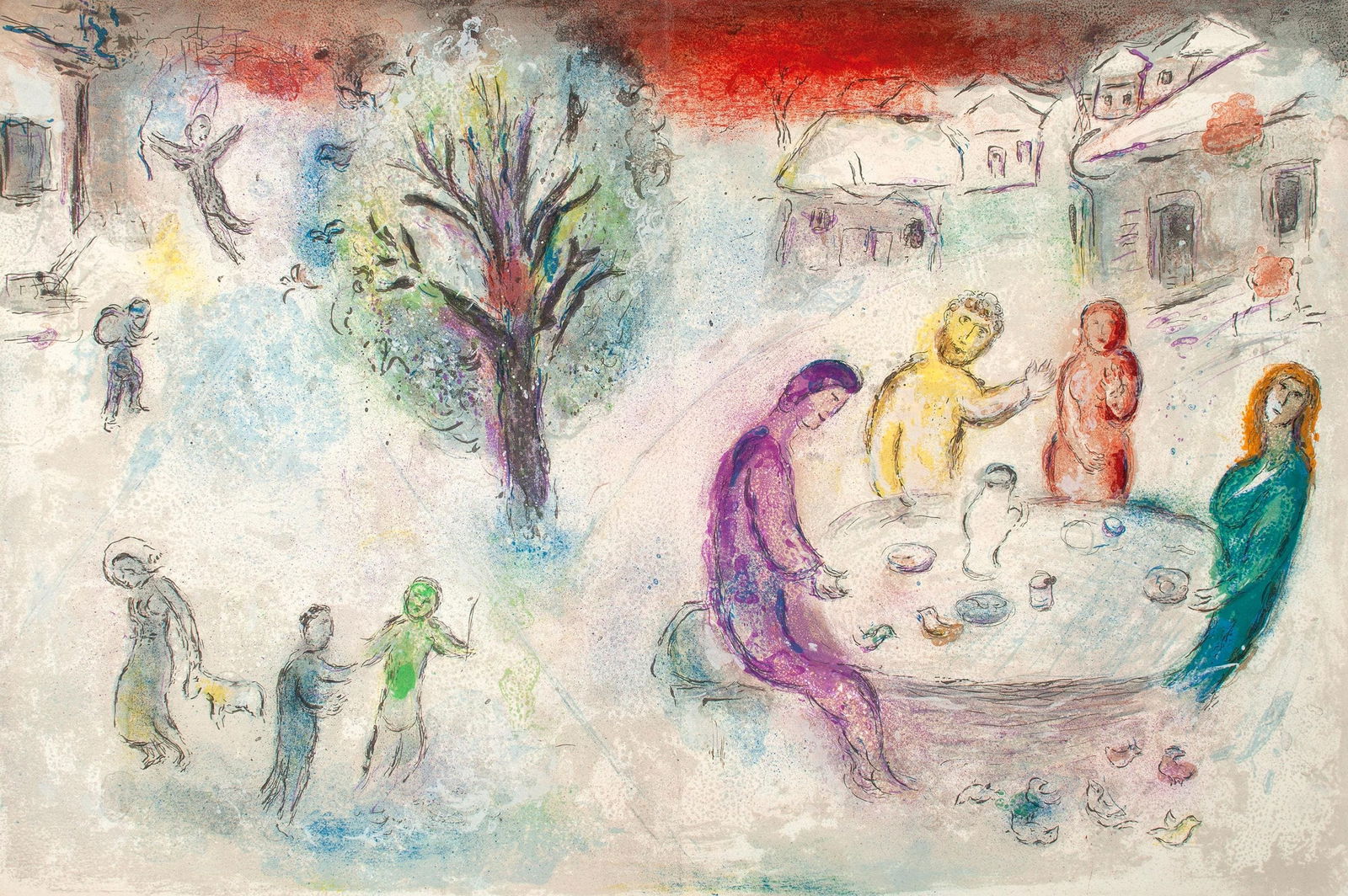 Marc Chagall, Le Repas chez Dryas, Daphnis et Chloe, Limited Edition Heliogravure: Heliogravure on velin paper. Paper size: 12.5 x 19 inches. Excellent condition, with centerfold, as issued. Inscription: Unsigned and unnumbered, as issued. Notes: From the album, Daphnis and Chloe. P