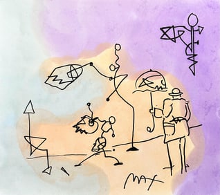 Peter Max, Umbrella Man, Hand Signed, Mixed Media Watercolor and Silkscreen Painting