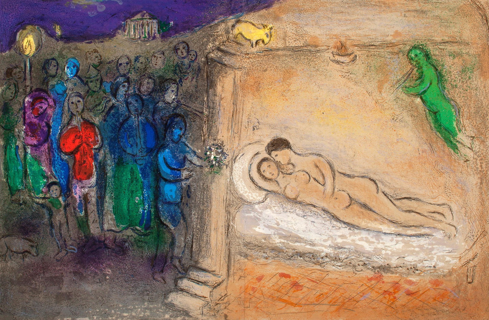 Marc Chagall, Hymenee, Daphnis et Chloe, Limited Edition Heliogravure: Heliogravure on velin paper. Paper size: 12.5 x 19 inches. Excellent condition, with centerfold, as issued. Inscription: Unsigned and unnumbered, as issued. Notes: From the album, Daphnis and Chloe. P