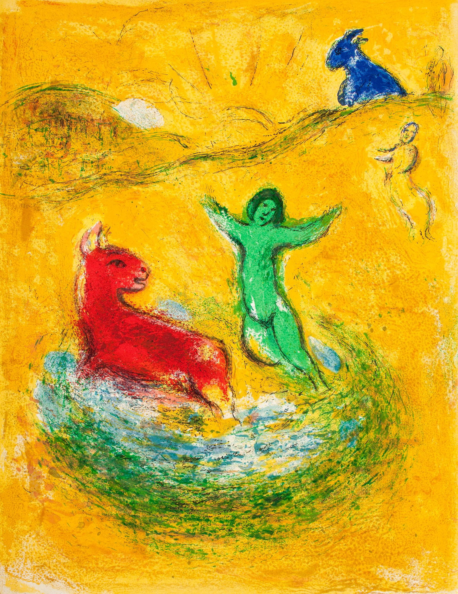 Marc Chagall, Le piege a loups, Daphnis et Chloe, Limited Edition Heliogravure: Heliogravure on velin paper. Paper size: 12.5 x 9.5 inches. Excellent condition. Inscription: Unsigned and unnumbered, as issued. Notes: From the album, Daphnis and Chloe. Published by George Brazille
