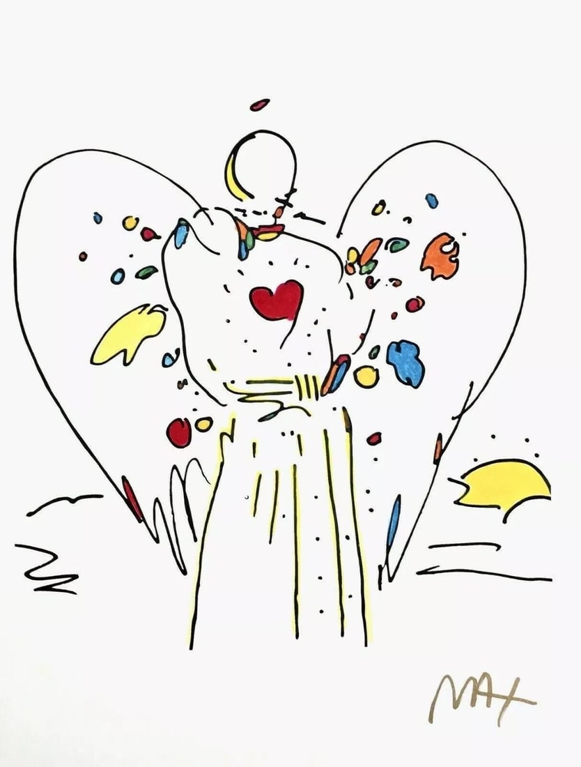 Peter Max, Angel with Heart, Hand Signed, Mixed Media Watercolor and Silkscreen Painting: Watercolor and silkscreen on Fabriano velin paper. Paper size: 15 x 11 inches. Inscription: Hand signed in ink, as issued. Condition: Excellent. Notes: Published, printed, and painted by Peter Max, Ne