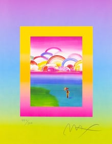 Peter Max, Umbrella Man with Rainbow Sky on Blends, Hand Signed, Official Limited Edition Lithograph