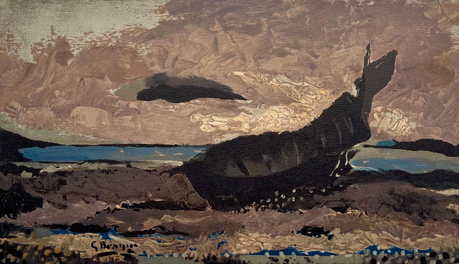 Georges Braque, La barque echouee, Varengeville, Limited Edition Lithograph: Lithograph on velin paper hinged on support sheet, as issued. Image Size: 8.25 x 13.75 inches. Excellent condition. Inscription: Unsigned and unnumbered. Notes: From the folio, Varengeville, 1968. Pub