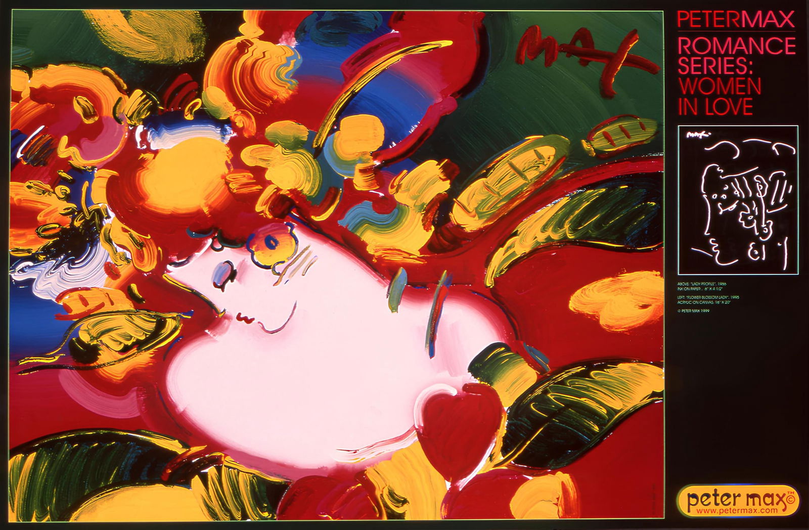 Peter Max, Women in Love, 1999, Hand Signed, Official Edition Offset Lithograph: Offset lithograph in colors on gloss archival paper. Paper size: 24 x 36 inches. Inscription: Hand signed by Peter Max in ink and unnumbered, as issued. Condition: Excellent. Notes: Published and prin