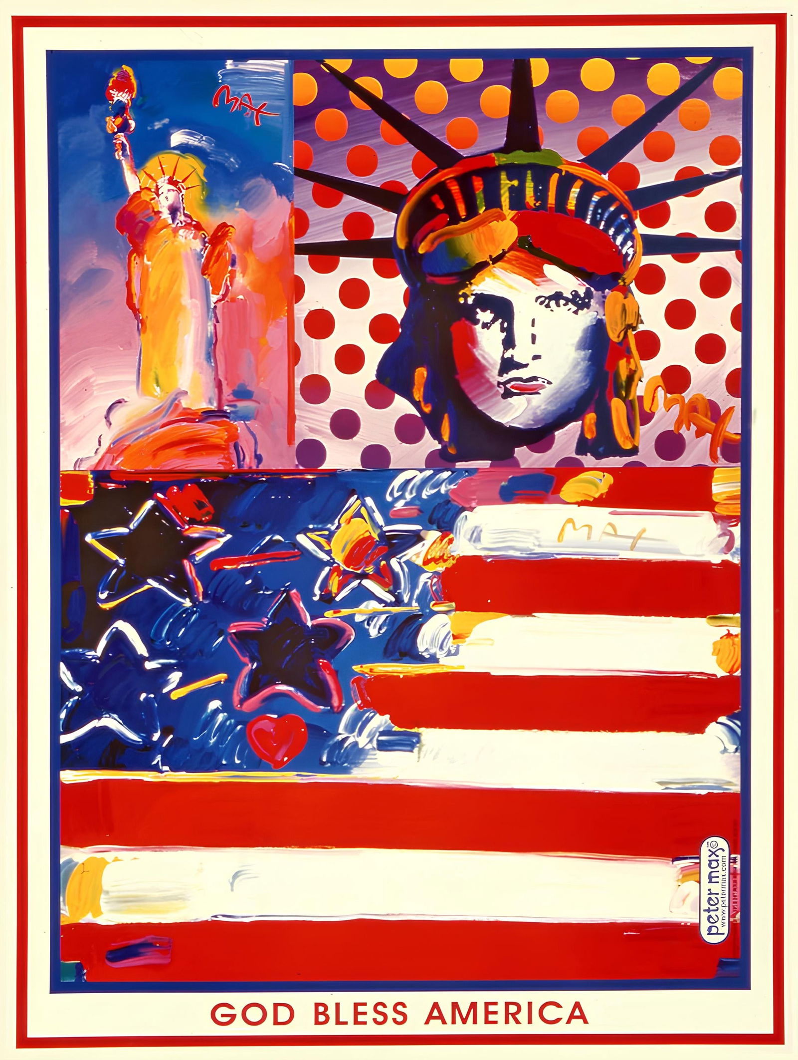 Peter Max, God Bless America, 2001, Hand Signed, Official Edition Offset Lithograph: Offset lithograph in colors on gloss archival paper. Paper size: 24 x 18 inches. Inscription: Hand signed by Peter Max in ink and unnumbered, as issued. Condition: Excellent. Notes: Published and prin