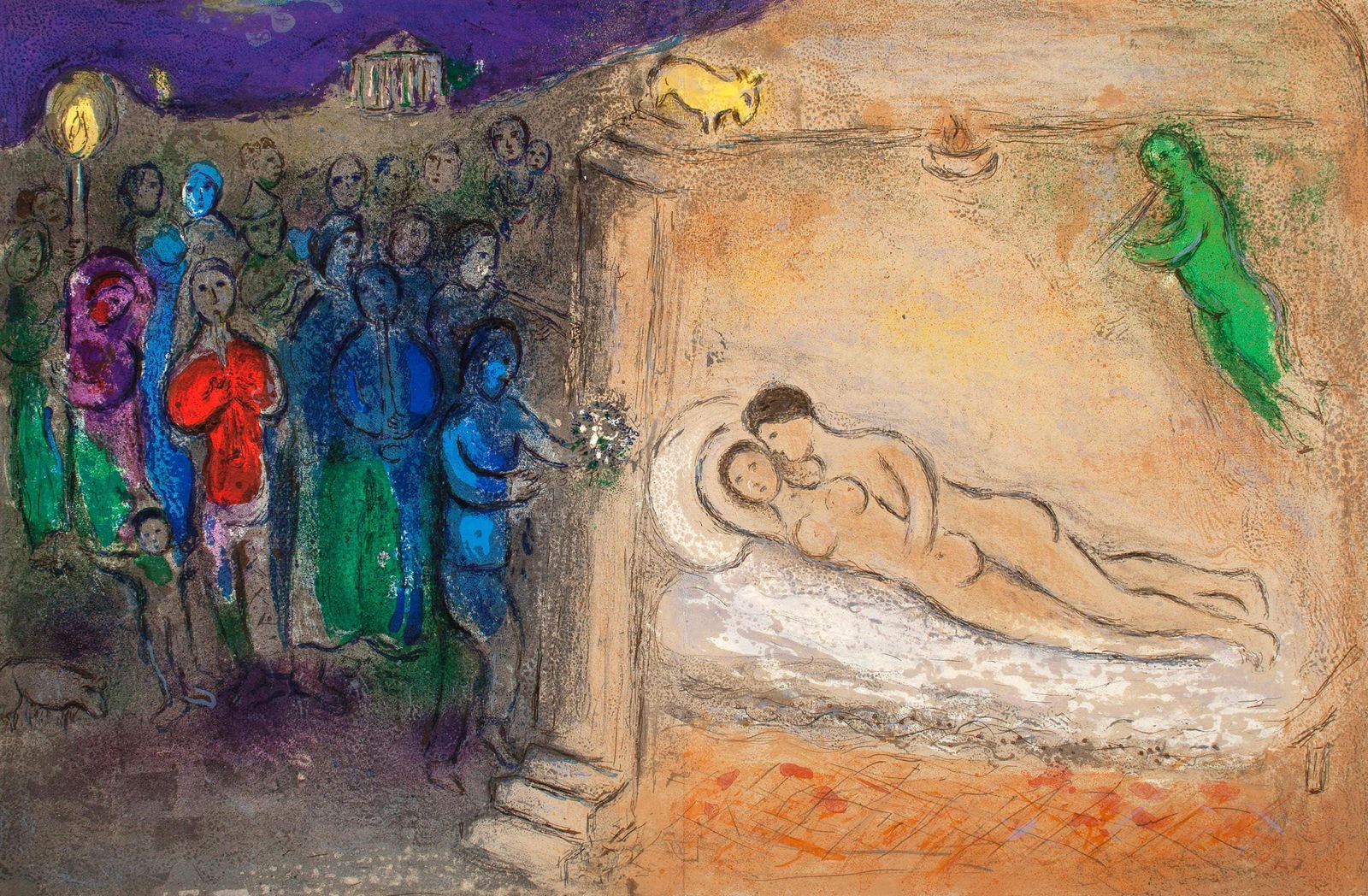 Marc Chagall, Hymenee, Daphnis et Chloe, Limited Edition Heliogravure: Heliogravure on velin paper. Paper size: 12.5 x 19 inches. Excellent condition, with centerfold, as issued. Inscription: Unsigned and unnumbered, as issued. Notes: From the album, Daphnis and Chloe. P