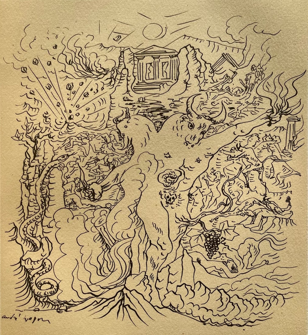 Andre Masson, La Grece tragique, Masson Dessins, Limited Edition Lithograph: Lithograph on velin du Lana Papiers Speciaux paper. Inscription: unsigned and unnumbered. Paper Size: 12.5 x 9.75 inches. Excellent condition. Notes: From the volume, Masson Dessins, 1951. Published b
