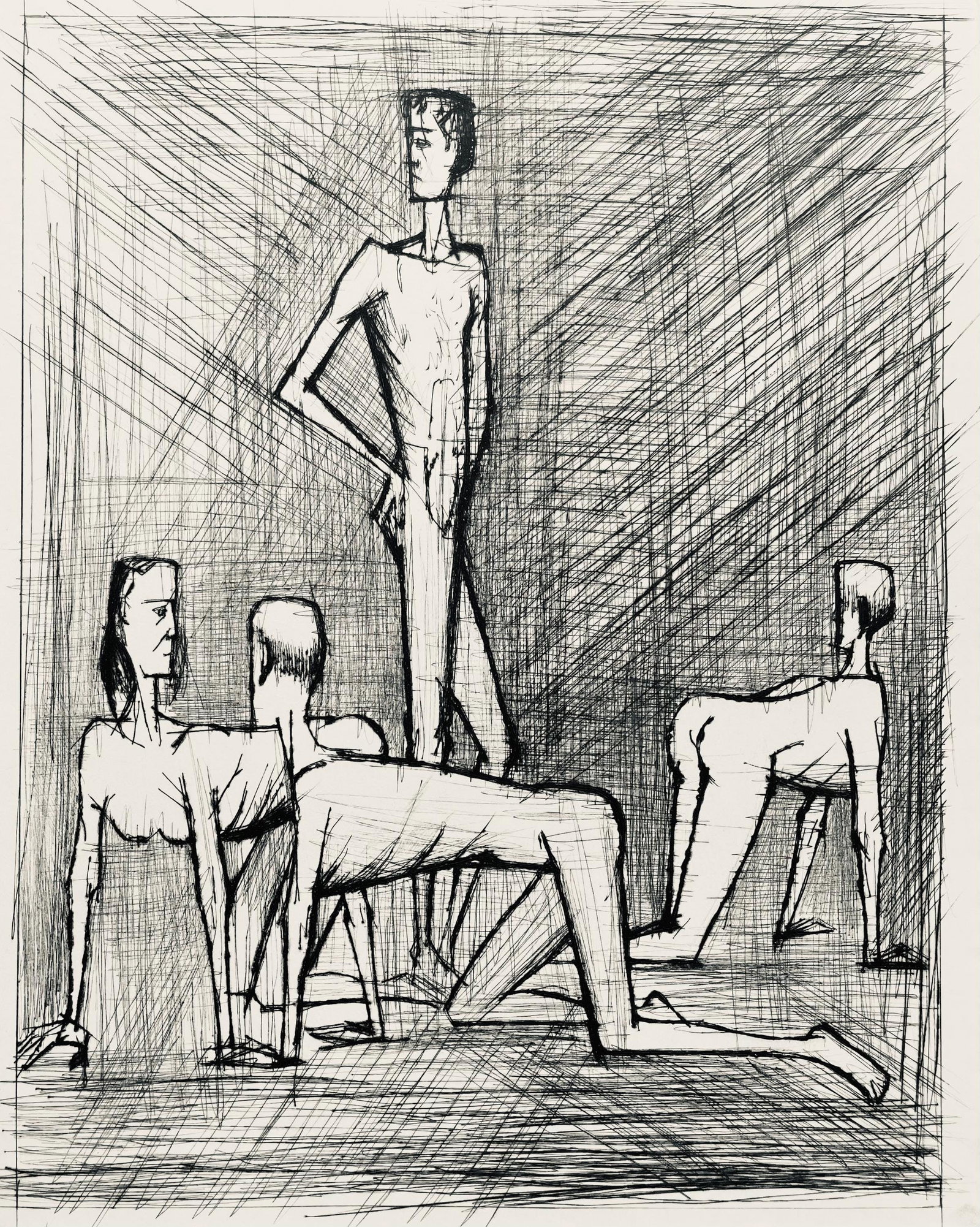 Bernard Buffet, Composition (Reinz 208-222), Voyages Fantastiques, Limited Edition Etching: Drypoint etching on papier de Rives B.F.K. pur fil paper. Paper size: 16.125 x 12.875 inches. Excellent condition. Unsigned and unnumbered, as issued. Notes: From the folio, Voyages fantastiques aux E