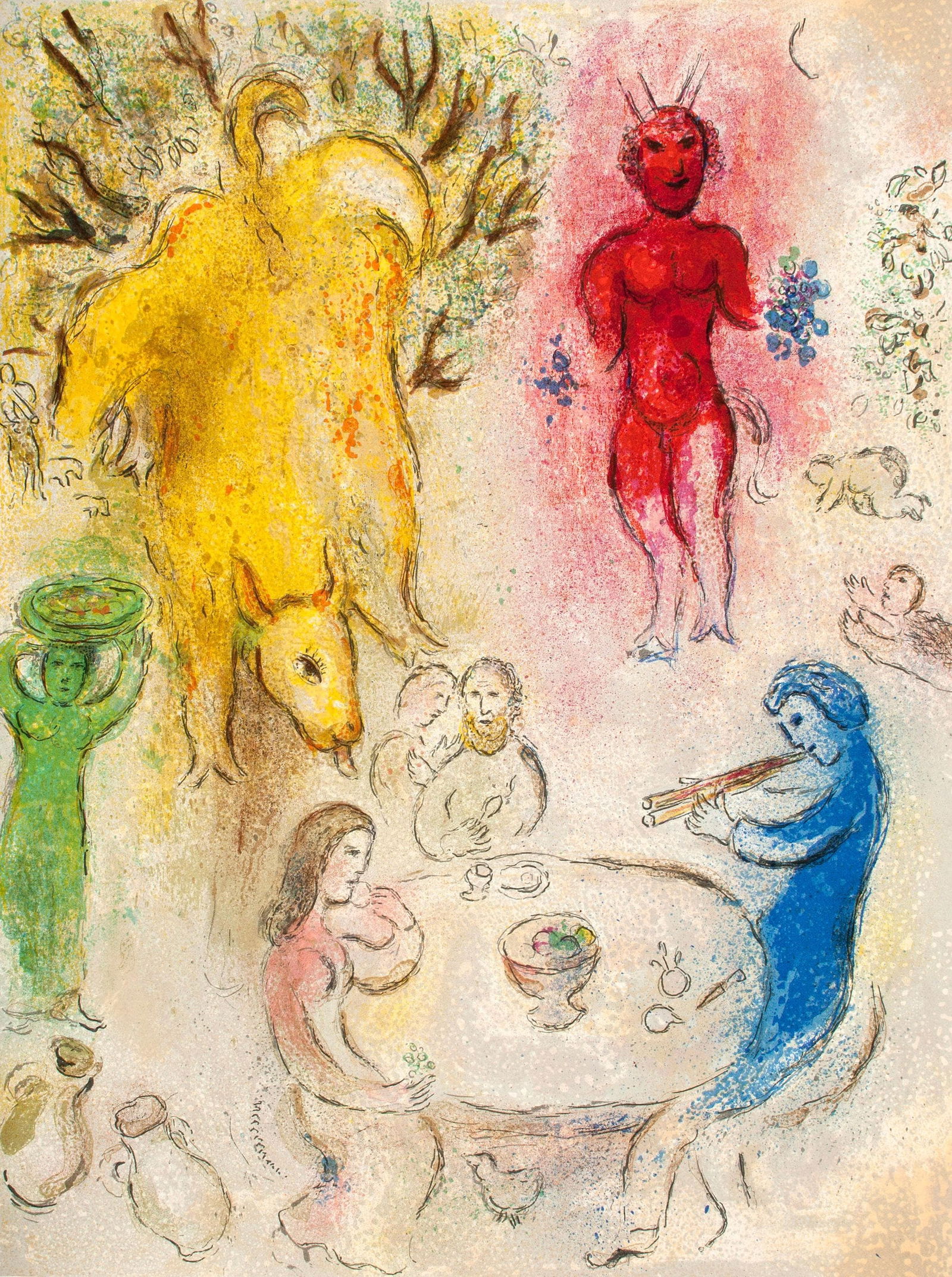 Marc Chagall, Banquet de Pan, Daphnis et Chloe, Limited Edition Heliogravure: Heliogravure on velin paper. Paper size: 12.5 x 9.5 inches. Excellent condition. Inscription: Unsigned and unnumbered, as issued. Notes: From the album, Daphnis and Chloe. Published by George Brazille
