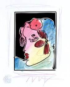 Peter Max, Lady Profile with Flower II, Black and White Series, Hand Signed, Official Edition Mixed