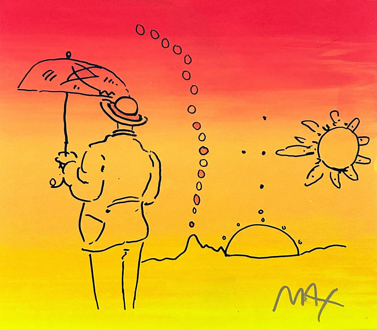 Peter Max, Umbrella Man, Hand Signed, Mixed Media Watercolor and Silkscreen Painting: Watercolor and silkscreen on Fabriano velin paper. Paper size: 12 x 13.75 inches. Inscription: Hand signed in ink, as issued. Condition: Excellent. Notes: Published, printed, and painted by Peter Max,
