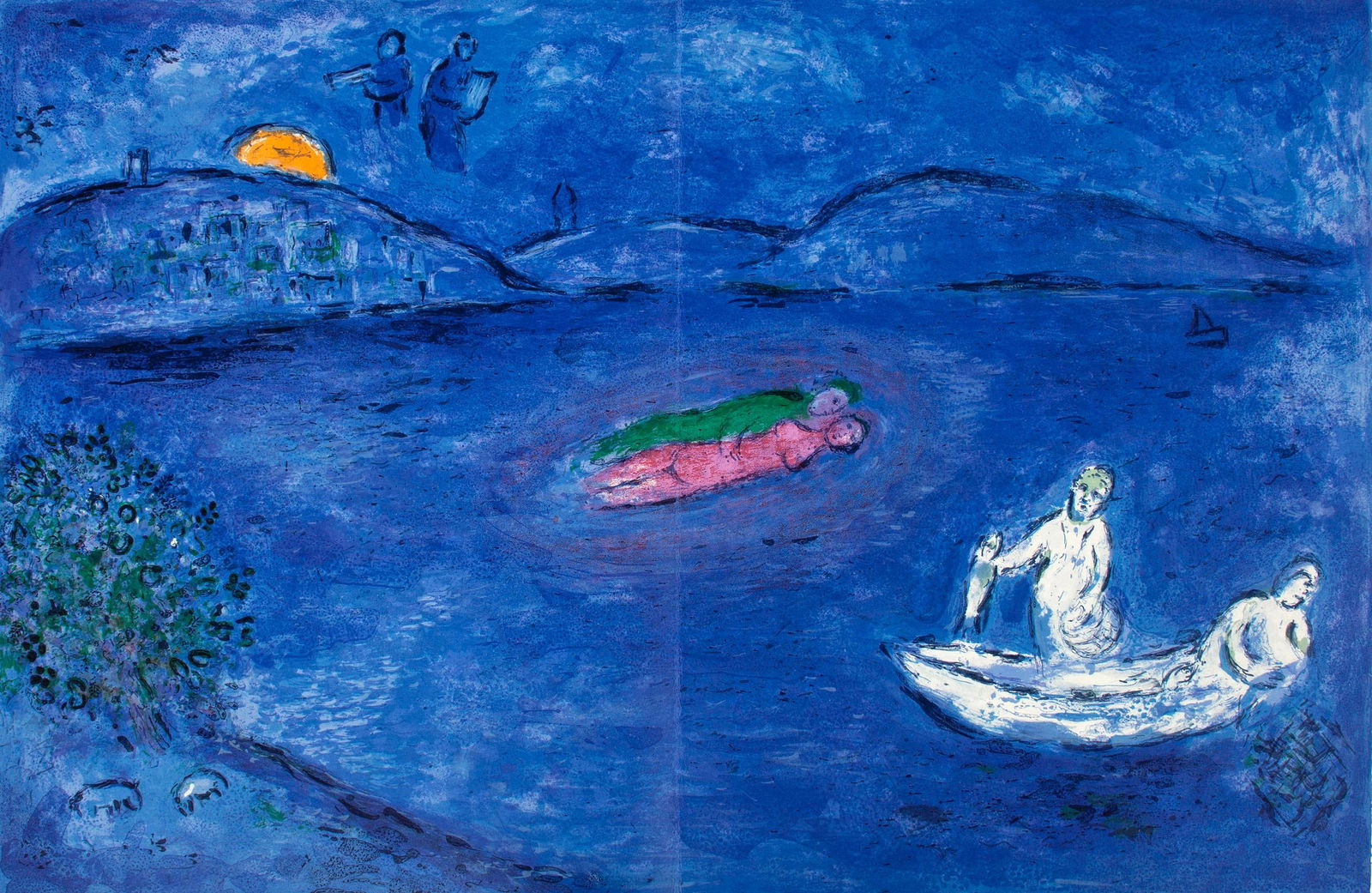 Marc Chagall, L'Echo, Daphnis et Chloe, Limited Edition Heliogravure: Heliogravure on velin paper. Paper size: 12.5 x 19 inches. Excellent condition, with centerfold, as issued. Inscription: Unsigned and unnumbered, as issued. Notes: From the album, Daphnis and Chloe. P