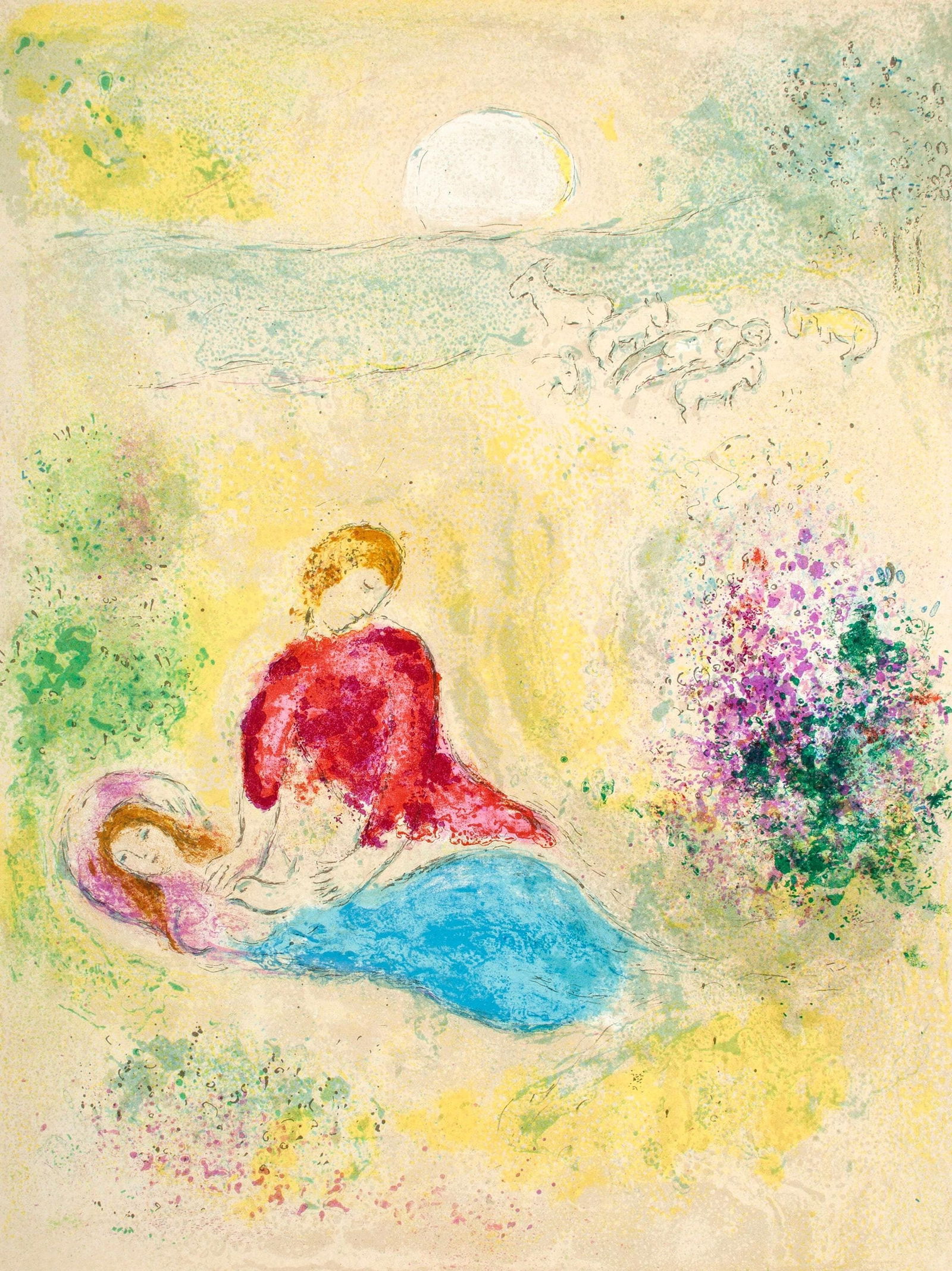 Marc Chagall, L'arondelle, Daphnis et Chloe, Limited Edition Heliogravure: Heliogravure on velin paper. Paper size: 12.5 x 9.5 inches. Excellent condition. Inscription: Unsigned and unnumbered, as issued. Notes: From the album, Daphnis and Chloe. Published by George Brazille