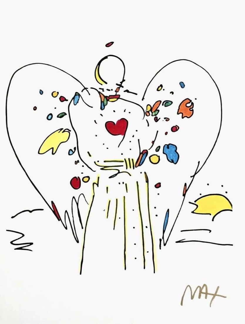 Peter Max, Angel with Heart, Hand Signed, Mixed Media Watercolor and Silkscreen Painting: Watercolor and silkscreen on Fabriano velin paper. Paper size: 15 x 11 inches. Inscription: Hand signed in ink, as issued. Condition: Excellent. Notes: Published, printed, and painted by Peter Max, Ne