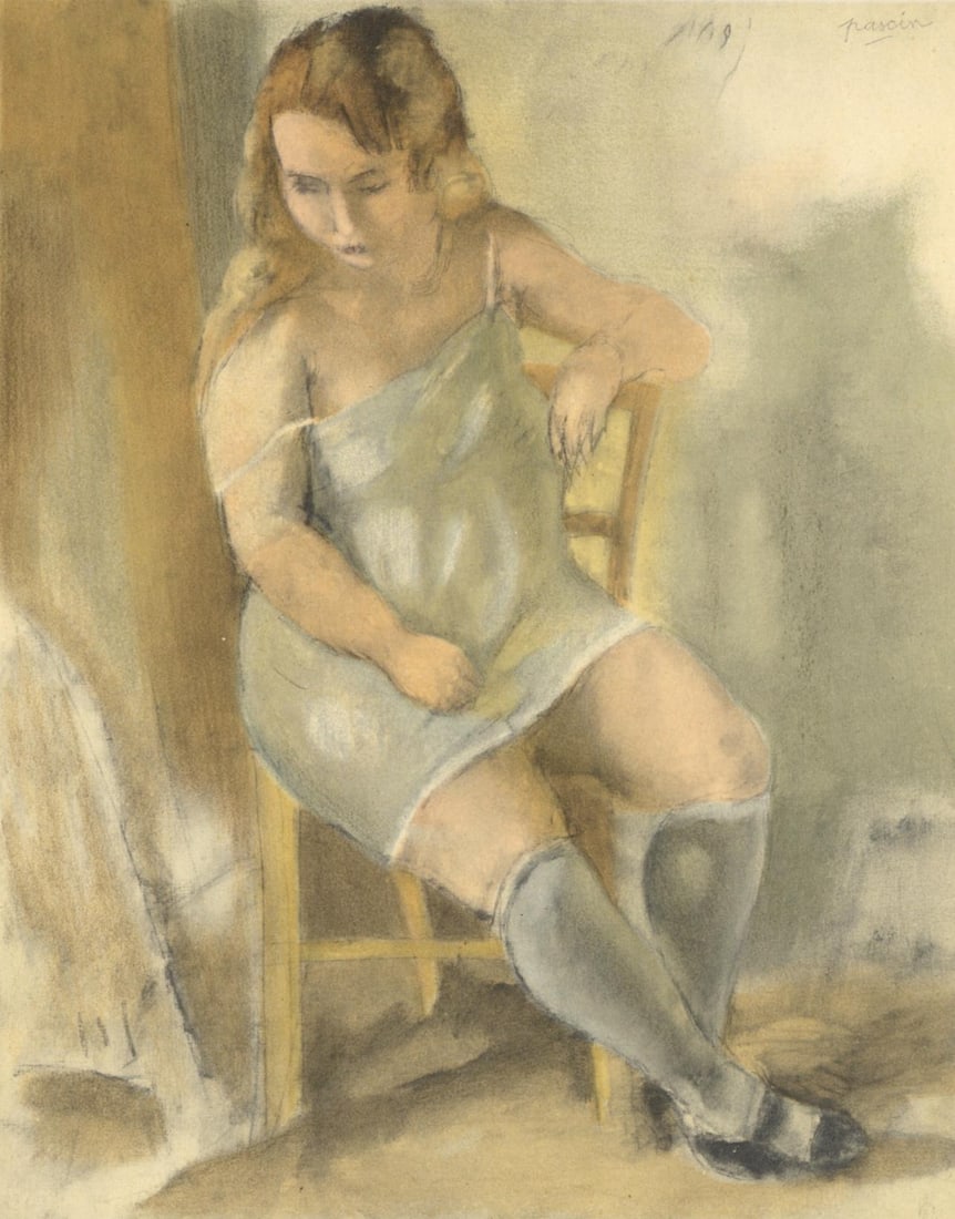 Jules Pascin, Marcelle a la Chemise bleue, Pascin, Limited Edition Lithograph: Lithograph on grand velin Renage paper. Paper size: 12.25 x 9.5 inches. Excellent condition. Inscription: Signed in the plate and unnumbered, as issued. Notes: From the album, Pascin, 1954. Published
