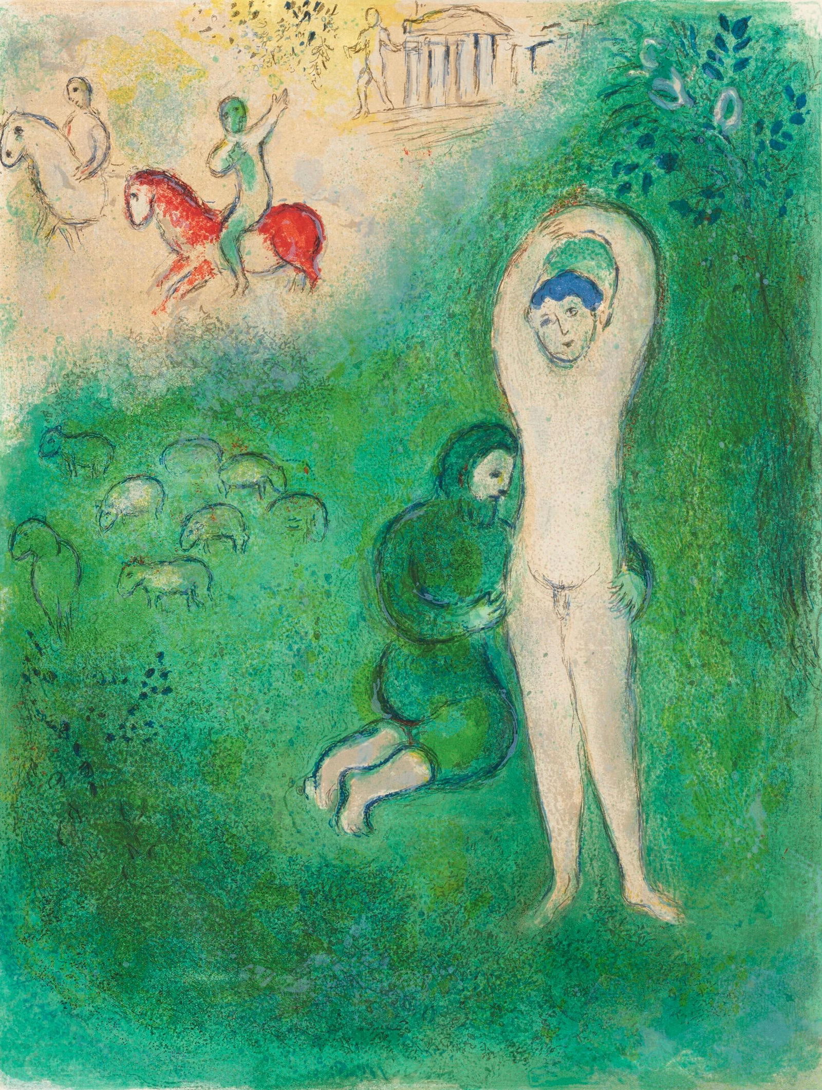 Marc Chagall, Daphnis et Gnathon, Daphnis et Chloe, Limited Edition Heliogravure: Heliogravure on velin paper. Paper size: 12.5 x 9.5 inches. Excellent condition. Inscription: Unsigned and unnumbered, as issued. Notes: From the album, Daphnis and Chloe. Published by George Brazille