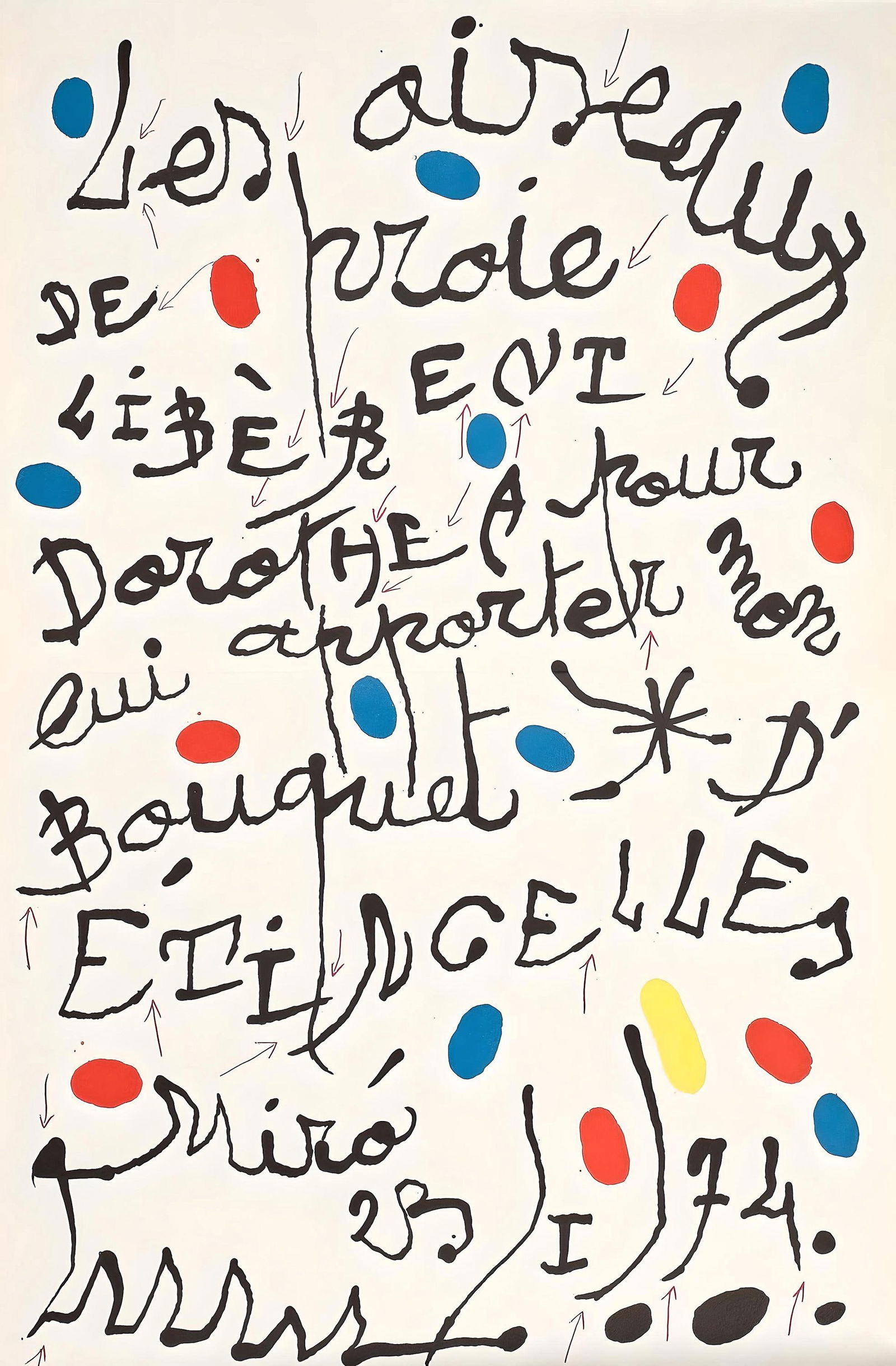 Joan Miro, Poeme pour Dorothea Tanning, XXe siecle, Limited Edition Lithograph: Lithograph on velin paper. Paper Size: 19.5 x 12.5 inches. Excellent condition, with centerfold, as issued. Inscription: Unsigned and unnumbered, as issued. Notes: From the volume, XXe Siecle, Hommage