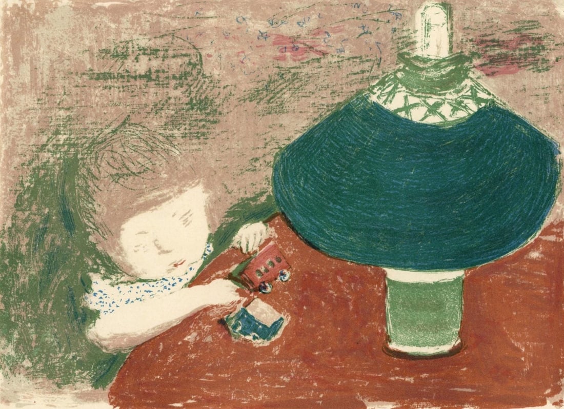 Pierre Bonnard, L'Enfant a la lampe, Bonnard Lithographe, Limited Edition Lithograph: Lithograph on grand velin Renage filigrane a la marque de l'editeur paper. Inscription: Unsigned and unnumbered, as issued. Paper Size: 9.5 x 12.5 inches; image size: 7.87 x 10.63 inches. Excellent co
