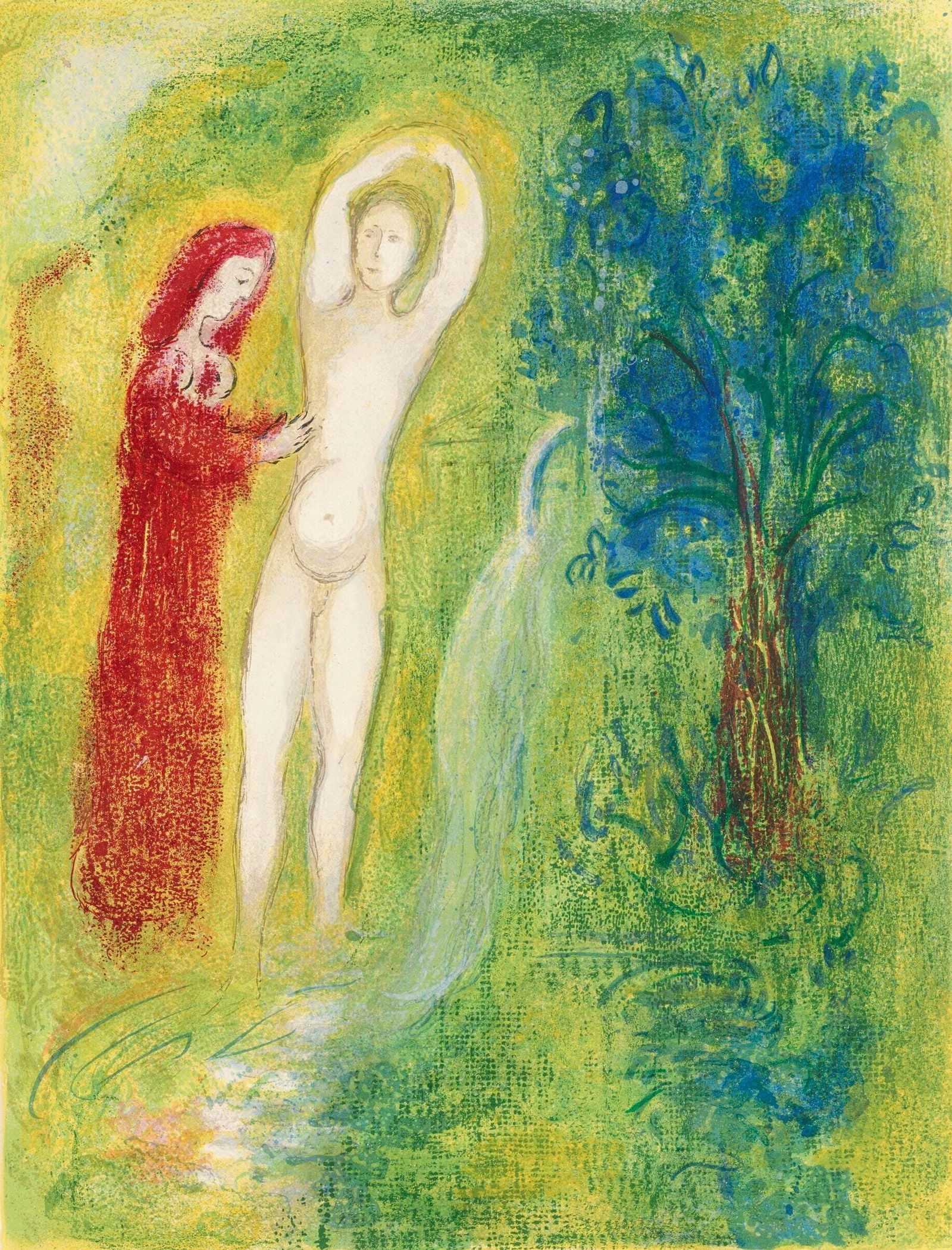 Marc Chagall, Daphnis et Chloe au Bord de la Fontaine, Daphnis et Chloe, Limited Edition: Heliogravure on velin paper. Paper size: 12.5 x 9.5 inches. Excellent condition. Inscription: Unsigned and unnumbered, as issued. Notes: From the album, Daphnis and Chloe. Published by George Brazille
