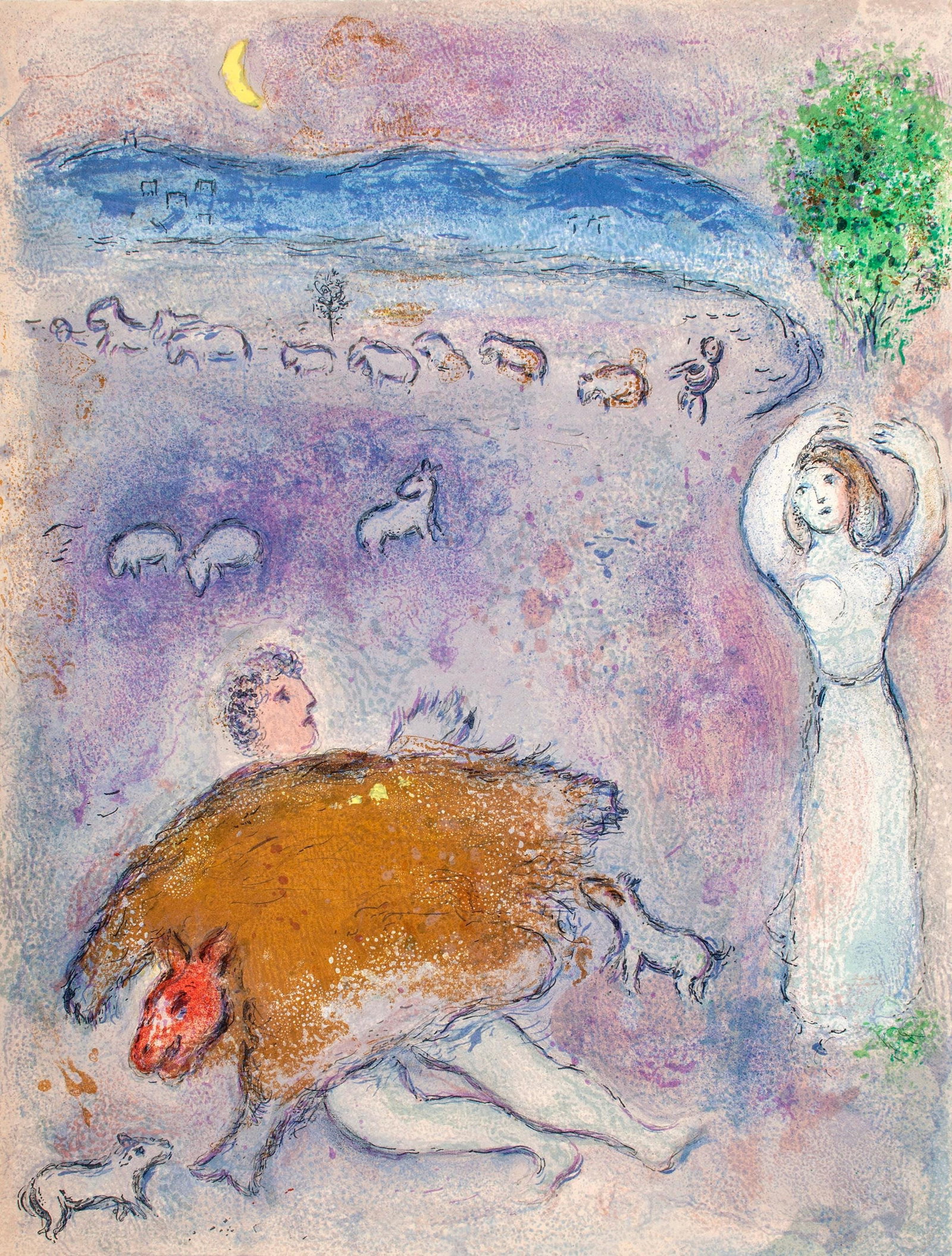 Marc Chagall, La Ruse de Dorcon, Daphnis et Chloe, Limited Edition Heliogravure: Heliogravure on velin paper. Paper size: 12.5 x 9.5 inches. Excellent condition. Inscription: Unsigned and unnumbered, as issued. Notes: From the album, Daphnis and Chloe. Published by George Brazille