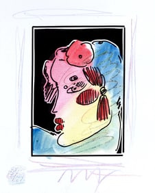 Peter Max, Lady Profile with Flower II, Black and White Series, Hand Signed, Official Edition Mixed