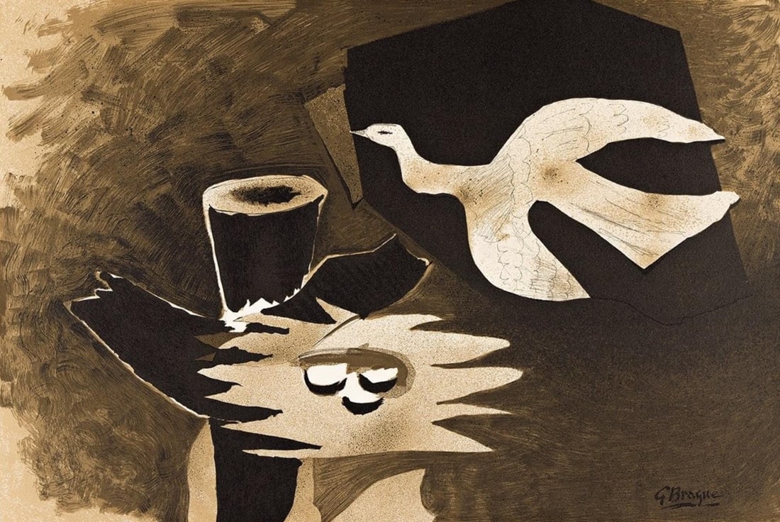 Georges Braque, L'oiseau et son nid, Derriere le miroir, Limited Edition Lithograph: Lithograph on velin paper. Paper Size: 15 x 22 inches. Excellent condition, with centerfold, as issued. Inscription: Unsigned and unnumbered, as issued. Notes: From Derriere le miroir, N deg 85-86, 19
