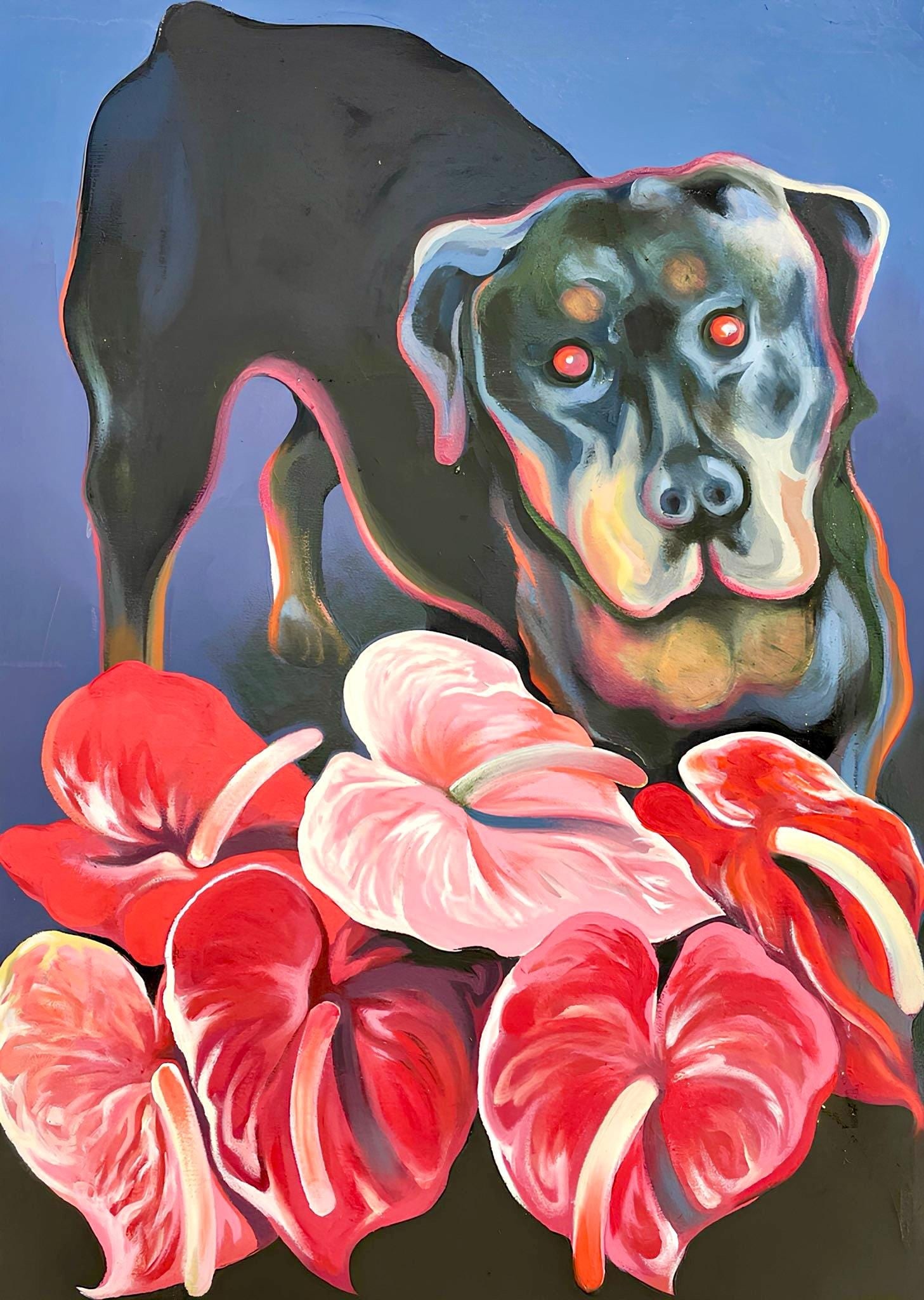 Lowell Nesbitt, Animal Series (Rottweiler Dog with Flowers), Original Painting: Oil on linen canvas, 1986. Canvas Size: 30.25 x 22 inches. Excellent condition. Inscription: Signed, dated by the artist, verso. Provenance: Estate of Lowell Nesbitt, New York. LOWELL NESBITT (1933-19