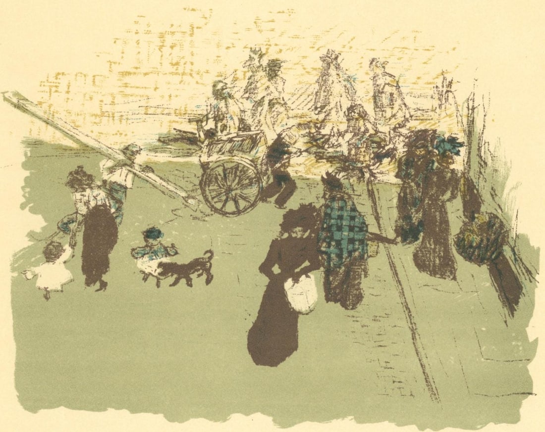 Pierre Bonnard, Coin de Rue, Bonnard Lithographe, Limited Edition Lithograph: Lithograph on grand velin Renage filigrane a la marque de l'editeur paper. Inscription: Unsigned and unnumbered, as issued. Paper Size: 9.5 x 12.5 inches; image size: 7.87 x 9.84 inches. Excellent con