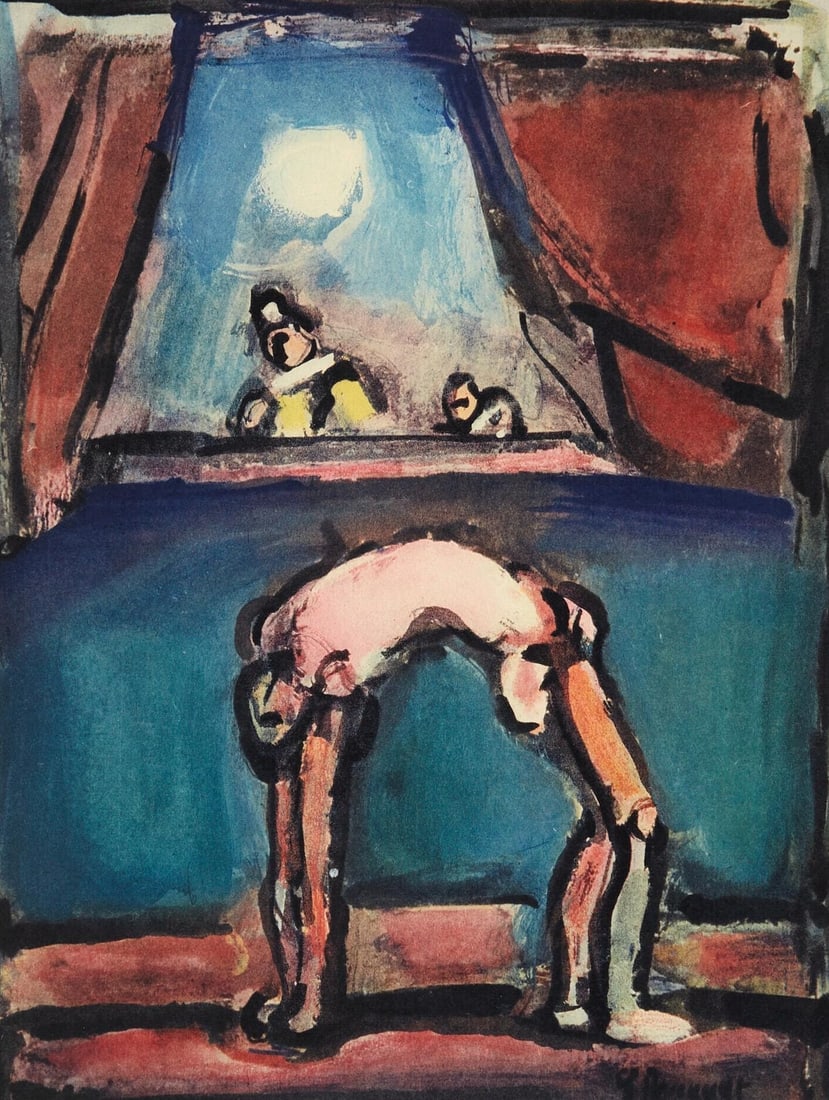Georges Rouault, Acrobate, Divertissement, Editions de la Revue Verve, Limited Edition Lithograph: Lithograph on velin d'Arches paper, archivally mounted on a larger velin d'Arches support sheet, as issued Paper Size: 11 x 8 inches, image; 16 x 12.5 inches, overall. Inscription: Signed in the plate