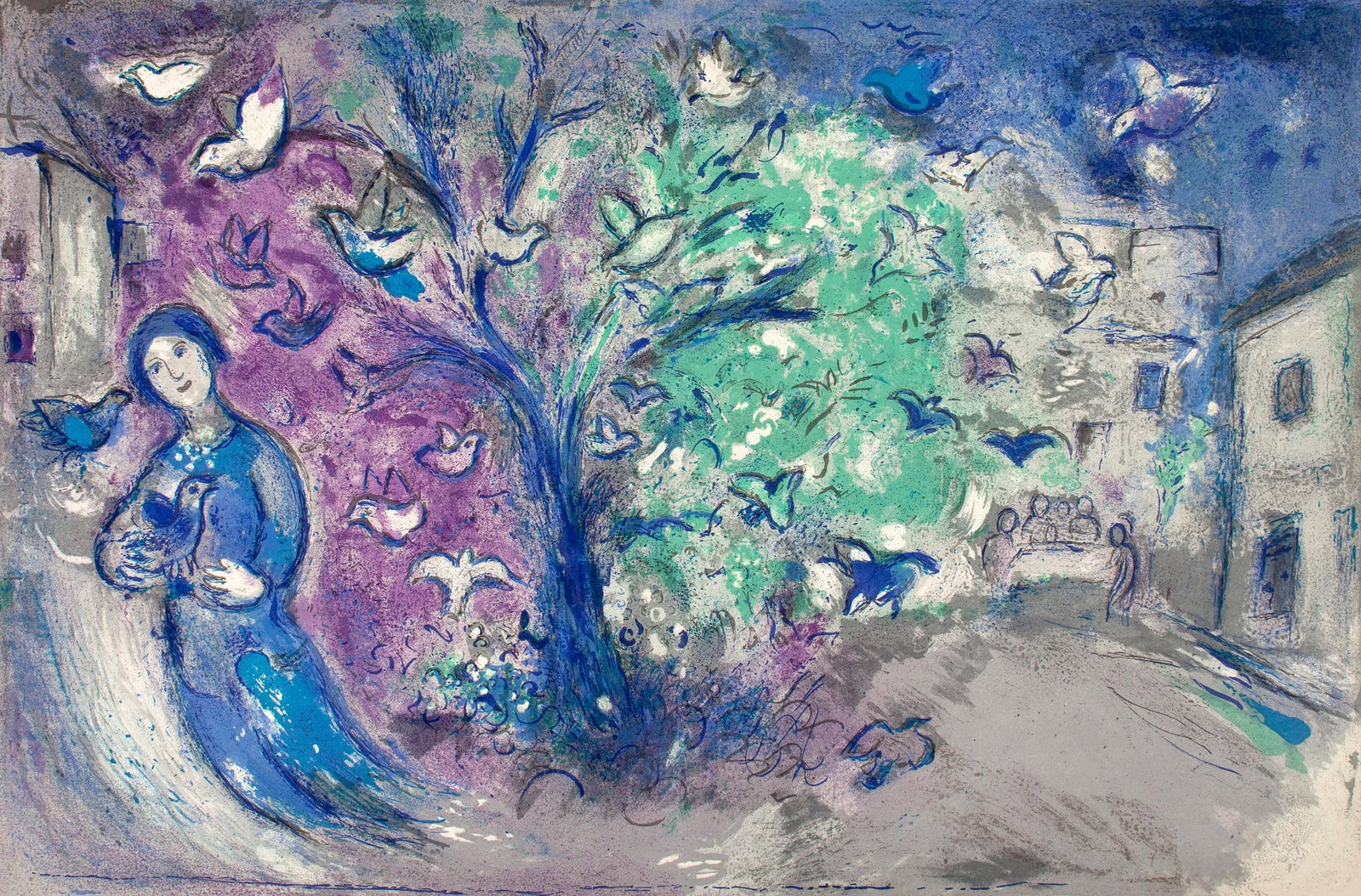 Marc Chagall, La Chasse aux Oiseaux, Daphnis et Chloe, Limited Edition Heliogravure: Heliogravure on velin paper. Paper size: 12.5 x 19 inches. Excellent condition, with centerfold, as issued. Inscription: Unsigned and unnumbered, as issued. Notes: From the album, Daphnis and Chloe. P