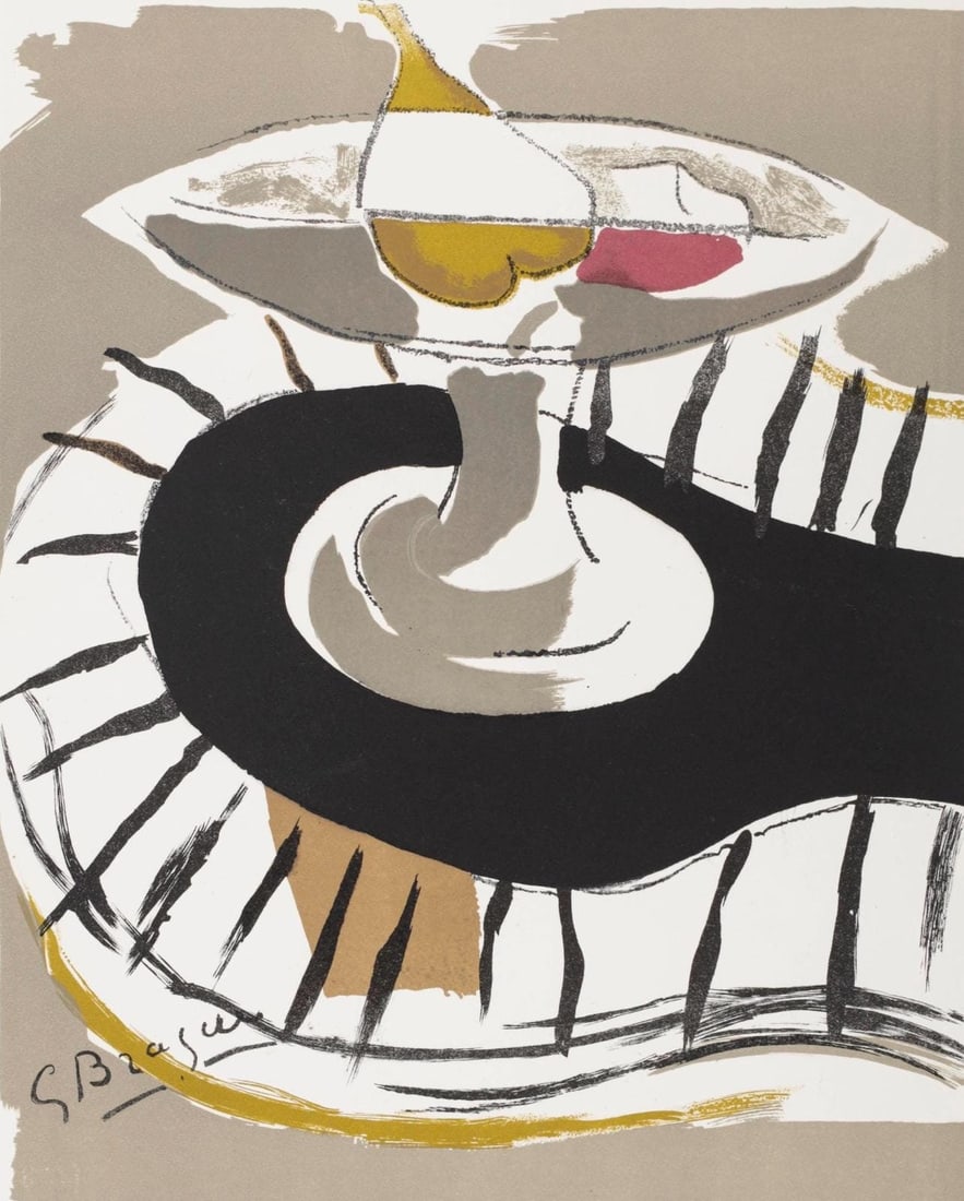 Georges Braque, Compotier, Derriere le miroir, Limited Edition Lithograph: Lithograph on velin paper. Paper Size: 15 x 11 inches. Excellent condition. Inscription: Unsigned and unnumbered, as issued. Notes: From Derriere le miroir, N deg 48-49, 1952. Published by Aime Maeght