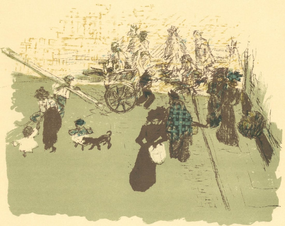 Pierre Bonnard, Coin de Rue, Bonnard Lithographe, Limited Edition Lithograph: Lithograph on grand velin Renage filigrane a la marque de l'editeur paper. Inscription: Unsigned and unnumbered, as issued. Paper Size: 9.5 x 12.5 inches; image size: 7.87 x 9.84 inches. Excellent con