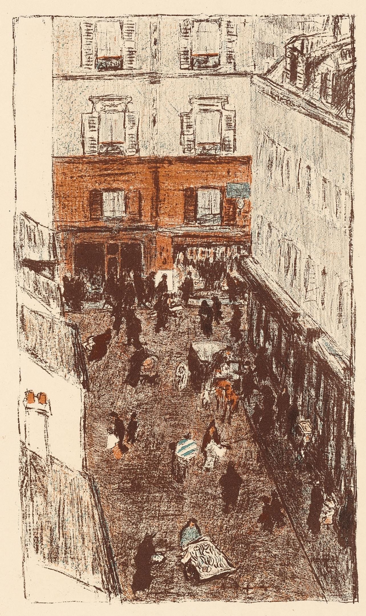 Pierre Bonnard, Coin de Rue vue d'en haut, Bonnard Lithographe, Limited Edition Lithograph: Lithograph on grand velin Renage filigrane a la marque de l'editeur paper. Inscription: Unsigned and unnumbered, as issued. Paper Size: 12.5 x 9.5 inches; image size: 9.84 x 5.91 inches. Excellent con