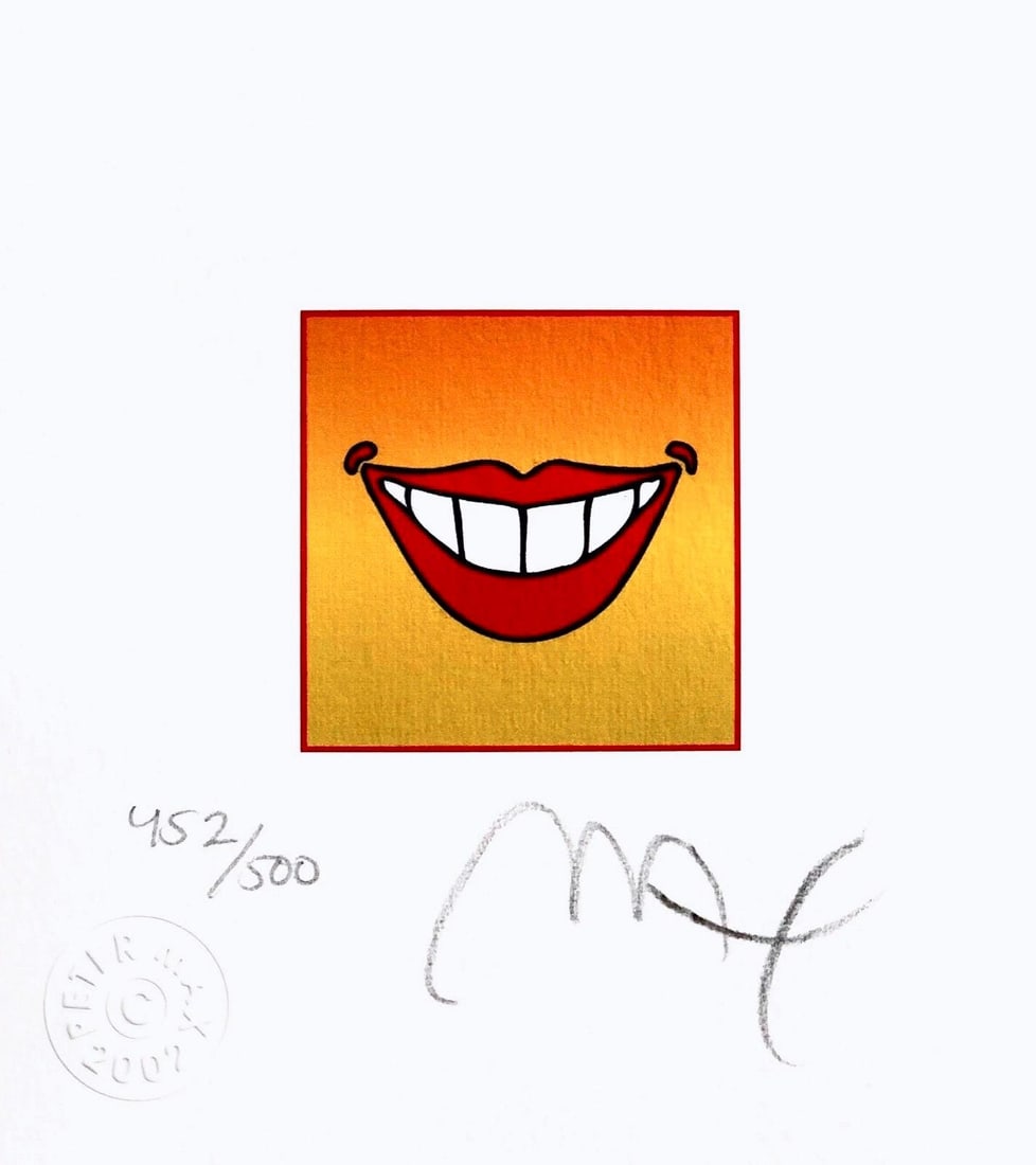 Peter Max, Smile, Hand Signed, Official Limited Edition Lithograph: Lithograph in colors on Lustro Saxony paper. Paper size: 4.87 x 4.5 inches. Inscription: Hand signed by Peter Max and numbered, as issued. Condition: Excellent. Notes: Published and printed by Via