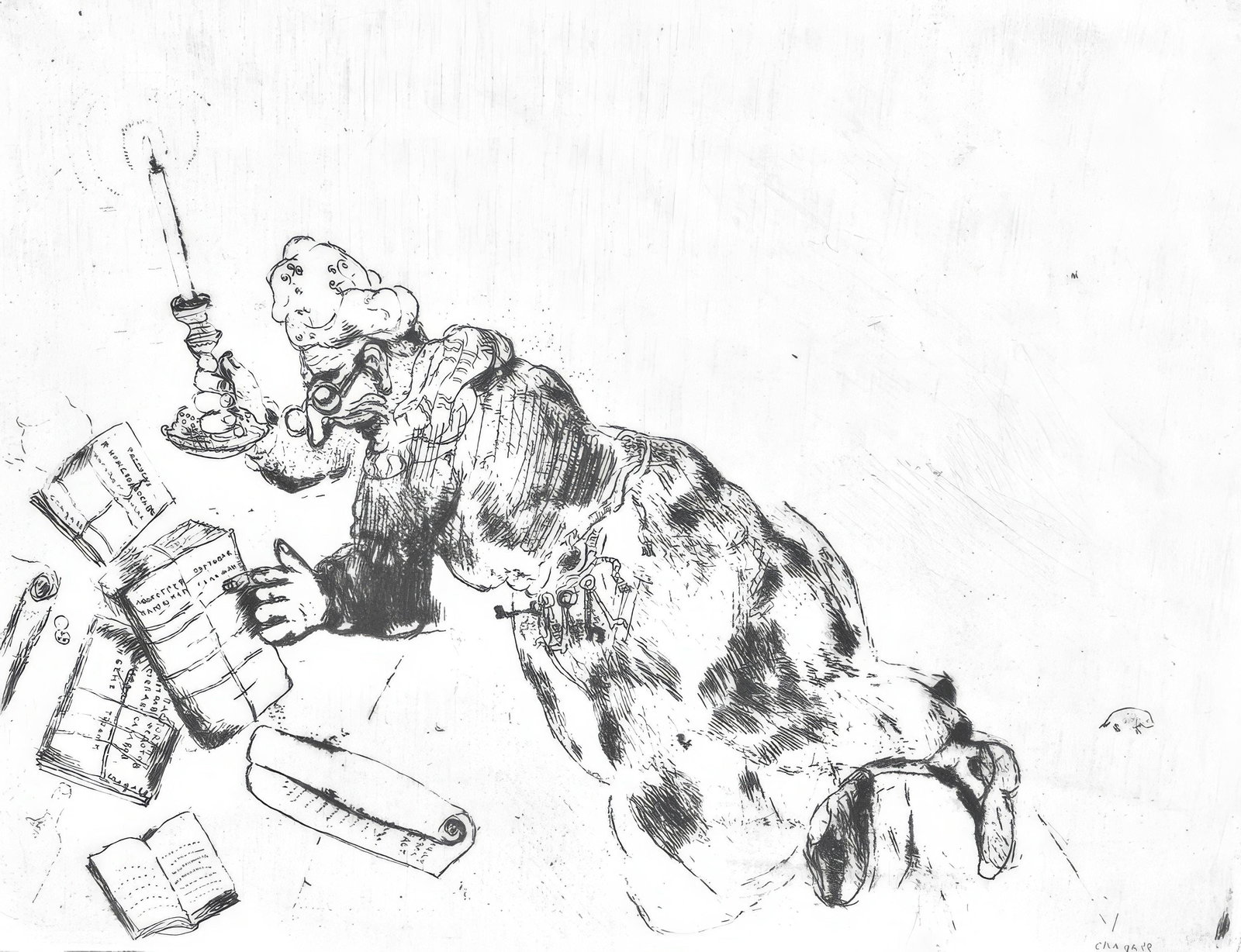 Marc Chagall, Pliouchkine a la recherche de ses papiers (Cramer 17), Nicolas Gogol, Les Ames mortes,: Etching on velin d'Arches filigrane paper. Paper size: 10.827 x 17.764 inches. Condition: Very good/excellent, consistent with age. Inscription: Signed in the plate and unnumbered as issued. Notes: Fr