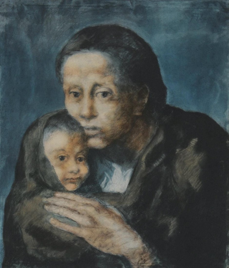 Pablo Picasso, Composition, Les Bleus de Barcelone, Limited Edition Lithograph: Lithograph and stencil with gouache and pastel inks on velin de Rives paper, archivally hinged on velin de Rives backing sheet, as issued. Paper size: 21.34 x 16.5 inches. Excellent condition. Inscrip