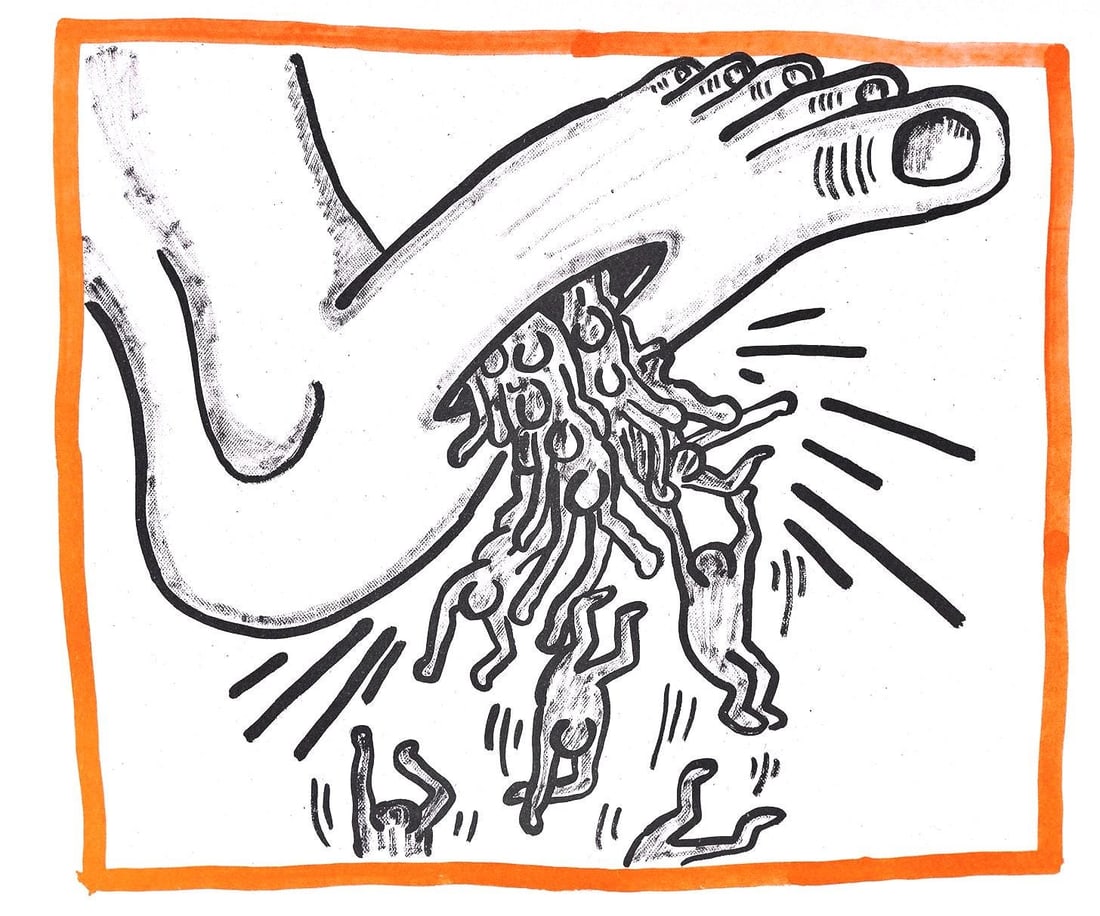 Keith Haring, Composition, Against All Odds, Limited Edition Lithograph: Lithograph on acid-free Rivoli paper. Paper Size: 8.5 x 10.3 inches. Inscription: Unsigned and unnumbered, as issued. Condition: Very good/excellent, consistent with age. Notes: From the album, Agains