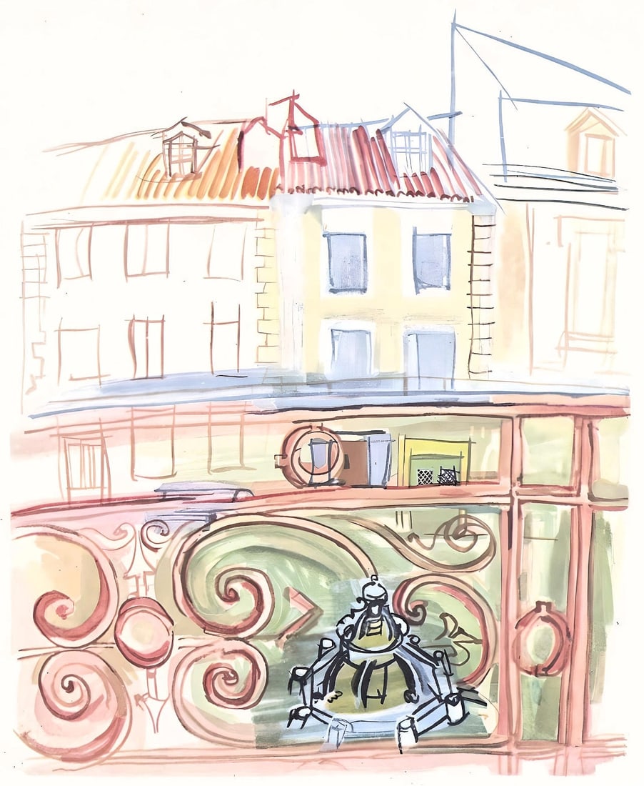 Raoul Dufy, La fenetre de Dufy a Aspet, Vacances forcees: Lithograph on papier bouffant des Papeteries de Casteljoux paper. Paper Size: 12 x 9.25 inches. Excellent condition. Unsigned and unnumbered, as issued. Notes: From the folio, Vacances forcees 1970.