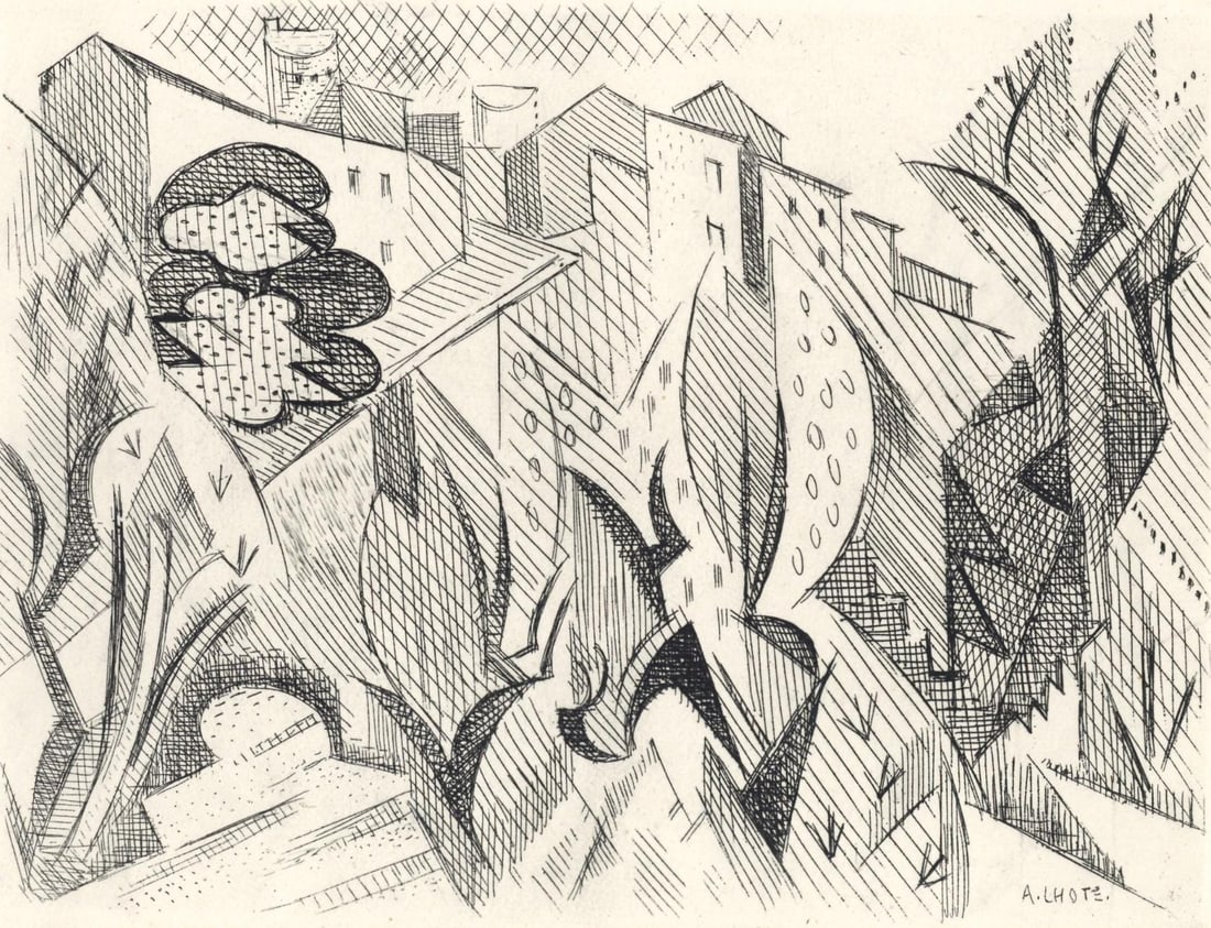 Andre Lhote, Composition, Alternance, Limited Edition Etching: Etching on velin pur chiffon de Rives paper. Unsigned and unnumbered. Paper Size: 9.875 x 12.875 inches. Excellent condition. Notes: From the folio, Alternance, 1946. Published by Le Gerbier, Paris; p