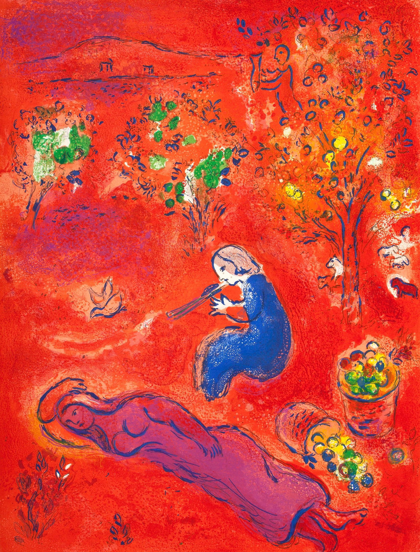 Marc Chagall, A Midi, l'Ete, Daphnis et Chloe, Limited Edition Heliogravure: Heliogravure on velin paper. Paper Size: 12.5 x 9.5 inches. Inscription: Unsigned and unnumbered, as issued. Condition: Very good/excellent, consistent with age. Notes: From the album, Daphnis and