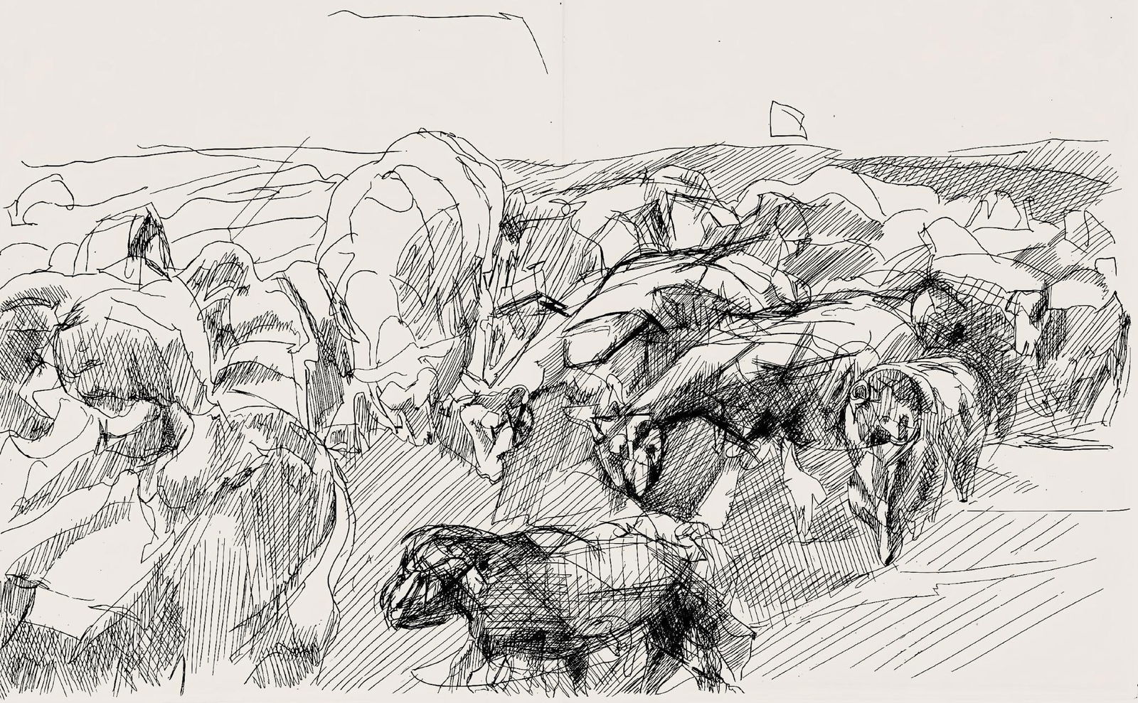 Jacques Villon, Composition (Ginestet/Pouillon 42-64), Hesiode, Les Travaux et les Jours, Limited: Etching on velin de Rives paper. Paper size: 15.75 x 24 inches. Excellent condition, with centerfold, as issued. Unsigned and unnumbered, as issued. Notes: From the folio, Hesiode, Les Travaux et les