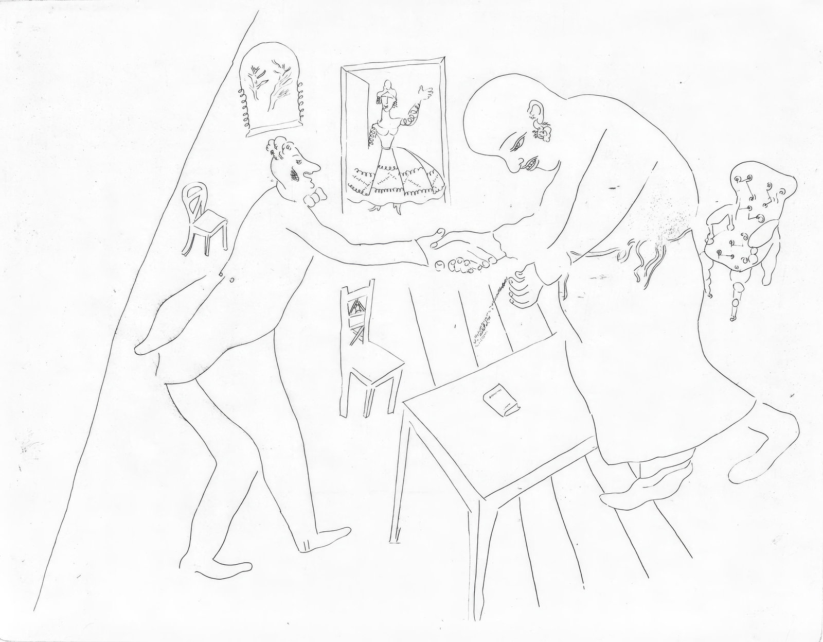 Marc Chagall, Les adieux de Tchitchikov a Manilov (Cramer 17), Nicolas Gogol, Les Ames mortes,: Etching on velin d'Arches filigrane paper. Paper size: 10.827 x 17.764 inches. Condition: Very good/excellent, consistent with age. Inscription: Unsigned and unnumbered as issued. Notes: From the foli