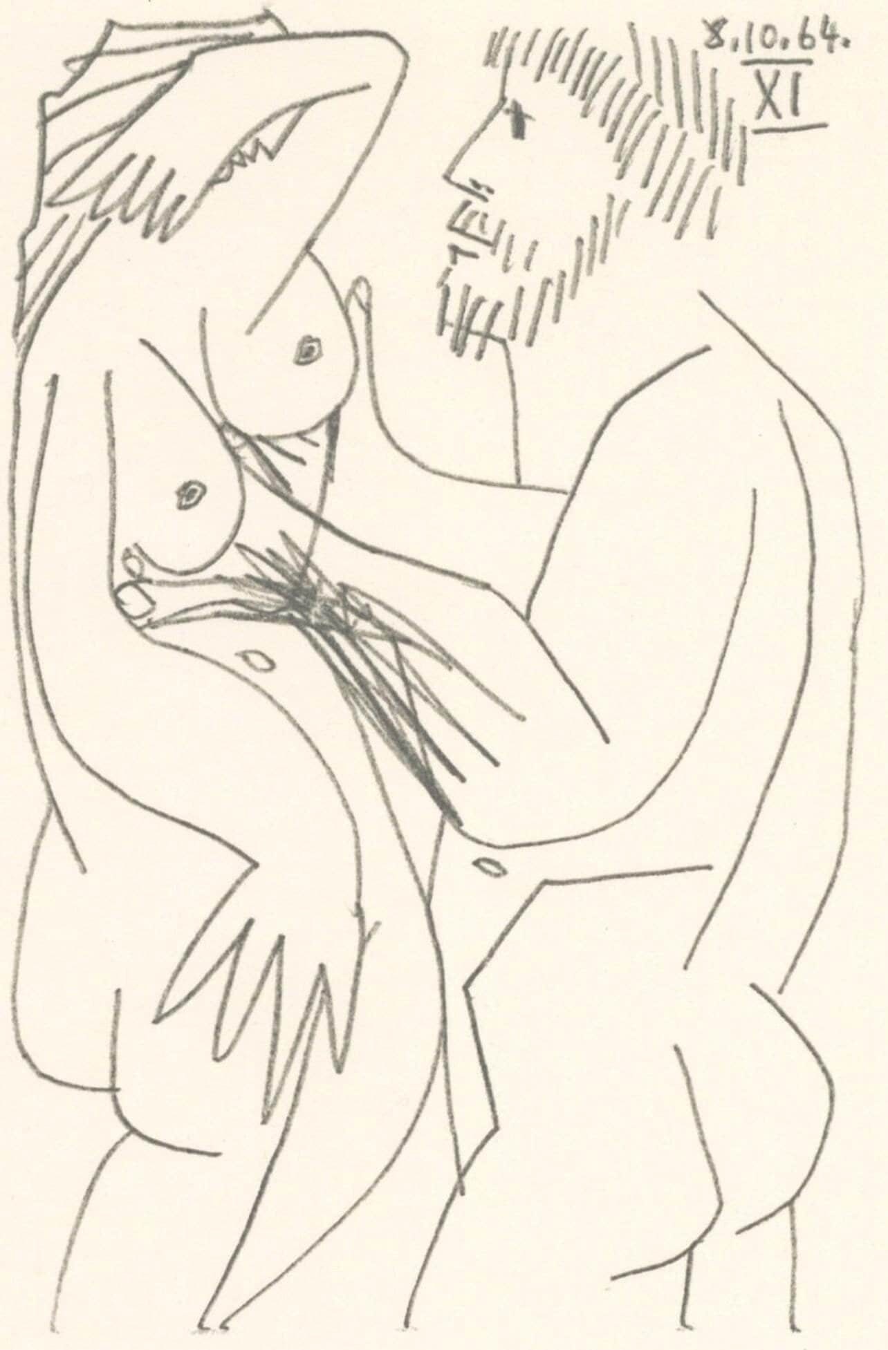 Pablo Picasso, 8.10.64. XI (Cramer 148), Le Gout du Bonheur, Limited Edition Mixed Media Lithograph: Lithograph and silkscreen with grease crayon, lithographic tusche, lead pencil, charcoal on velin d'Arches paper. Paper size: 12.8 x 9.84 inches. Inscription: Unsigned and unnumbered, as issued.