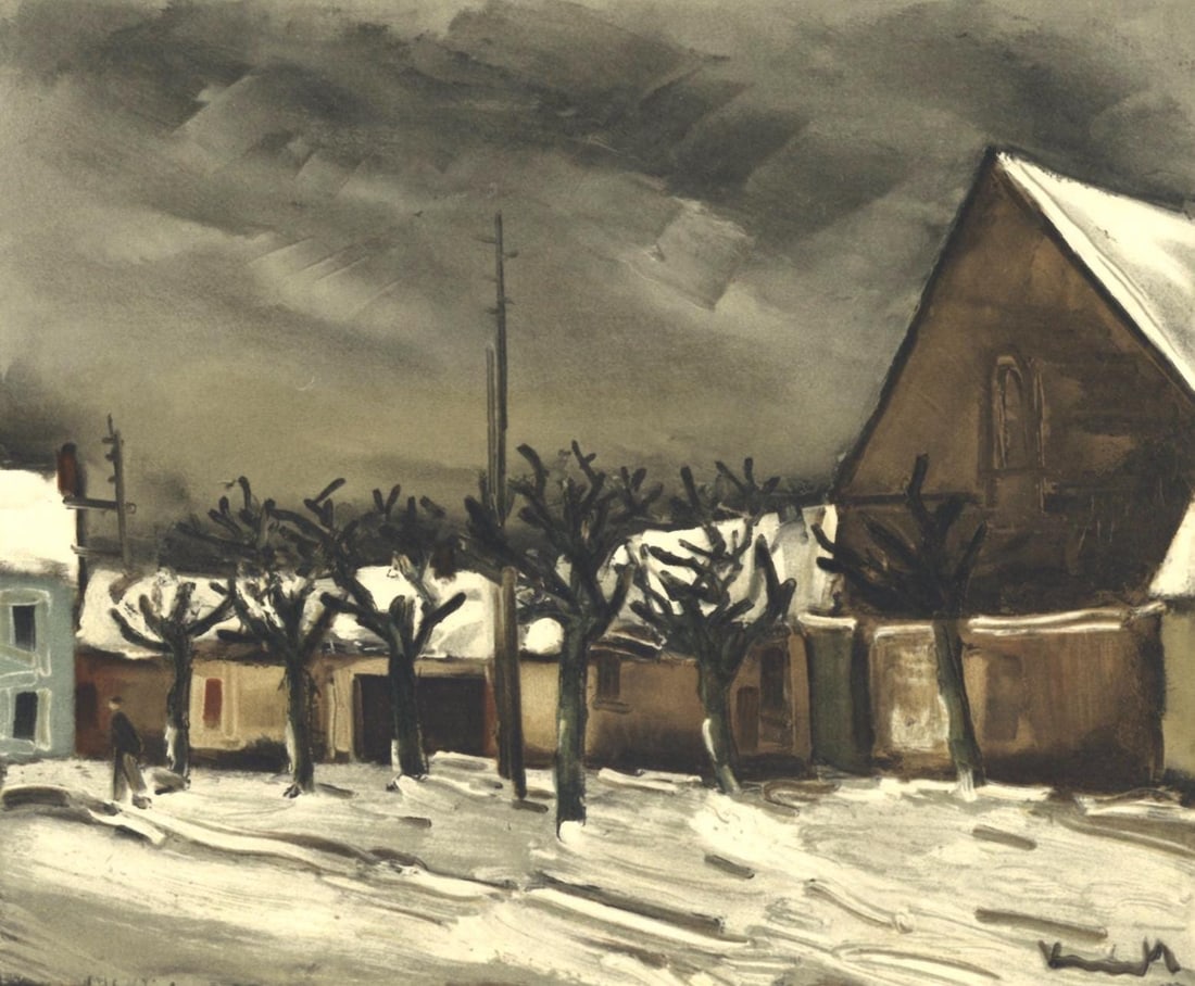 Maurice de Vlaminck, Les tilleuls sous la neige, Vlaminck, Signed, Limited Edition Lithograph: Lithograph in fifteen colors on velin paper. Inscription: Signed in the plate and unnumbered, as issued. Paper Size: 9.5 x 12.25 inches; image size: 7.9 x 9.4 inches. Condition: Very good/excellent,