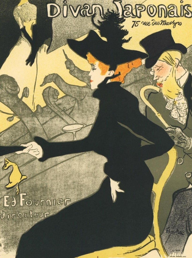 Henri de Toulouse-Lautrec, Le Divan Japonais, Les Affiches De Toulouse-Lautrec, Limited Edition: Lithograph on grand velin Filigrane a sa marque paper. Paper size: 12.5 x 9.75 inches; image size: 10.63 x 7.87 inches. Excellent condition. Inscription: Signed in the plate and unnumbered, as