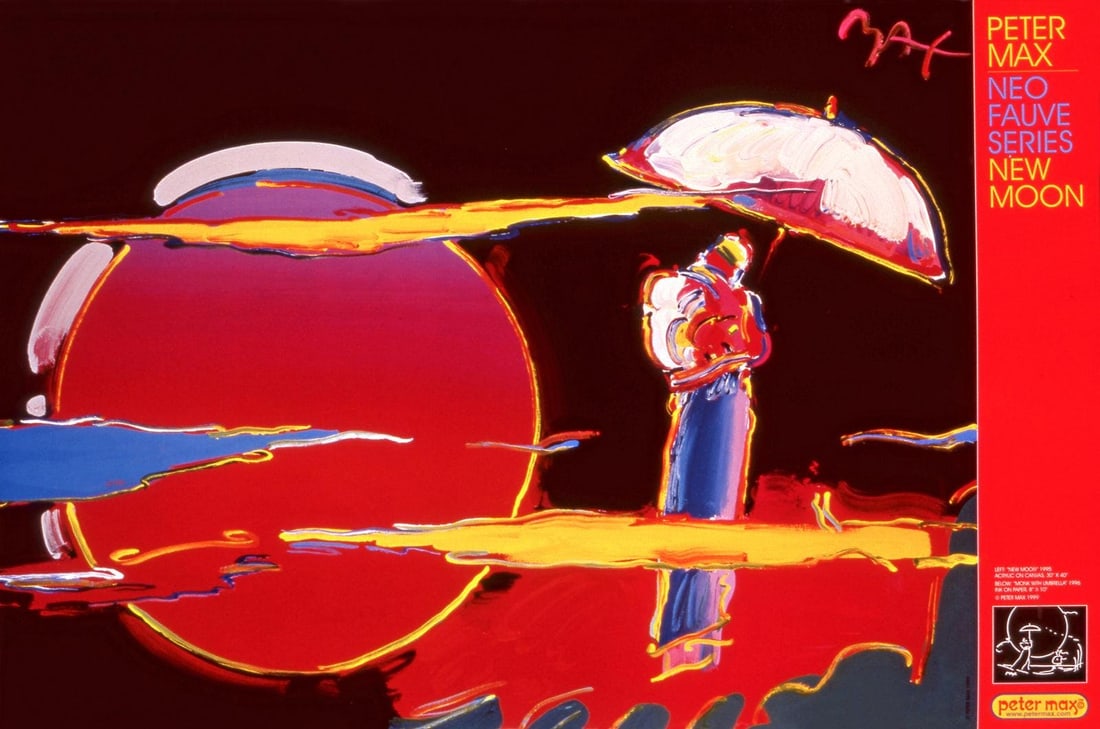 Peter Max, New Moon, 1999, Hand Signed, Official Edition Offset Lithograph: Offset lithograph in colors on gloss archival paper. Paper size: 24 x 36 inches. Inscription: Hand signed by Peter Max in ink and unnumbered, as issued. Condition: Excellent. Notes: Published and prin